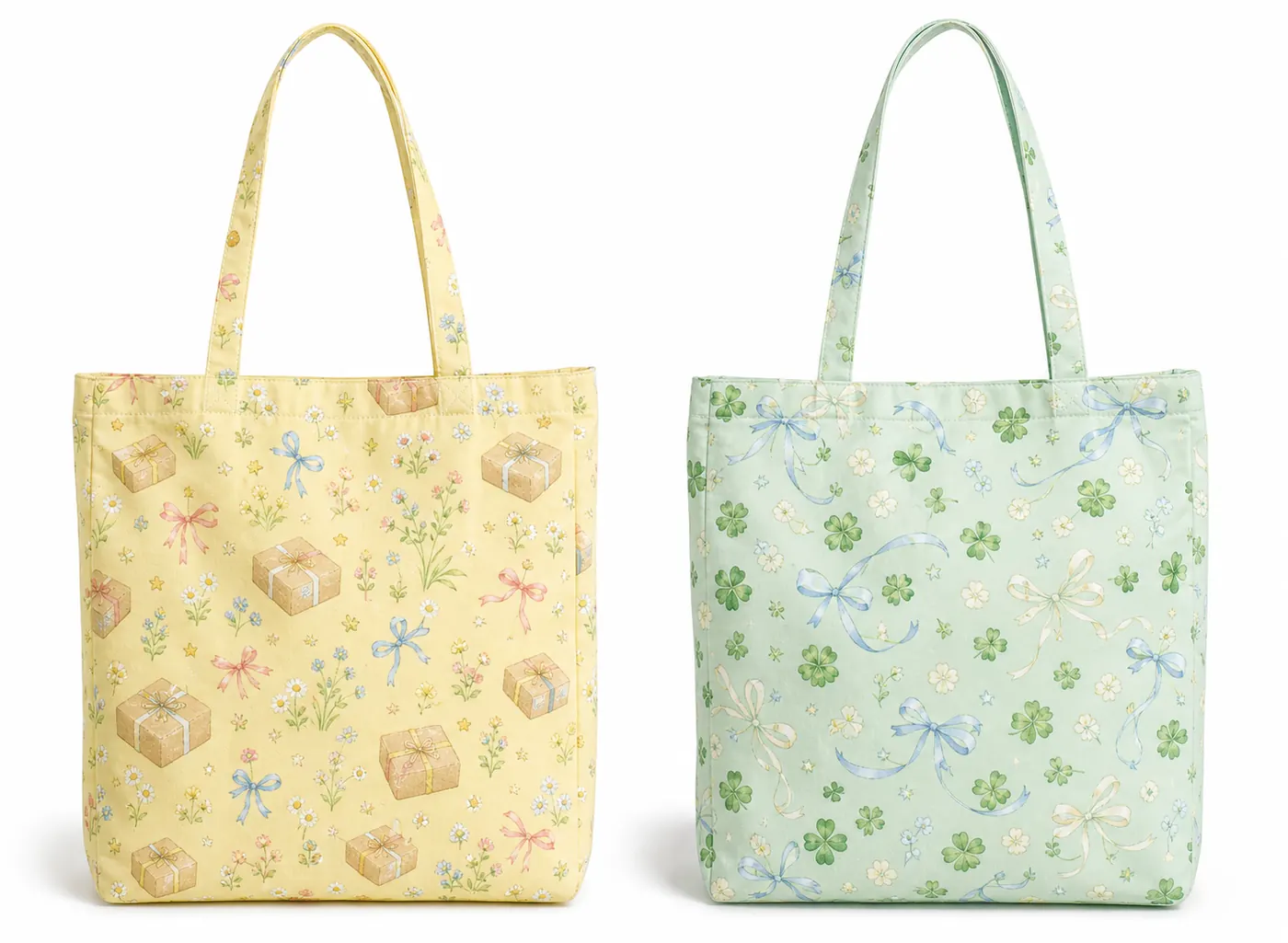 All-over printed tote bags in yellow and mint pattern variations