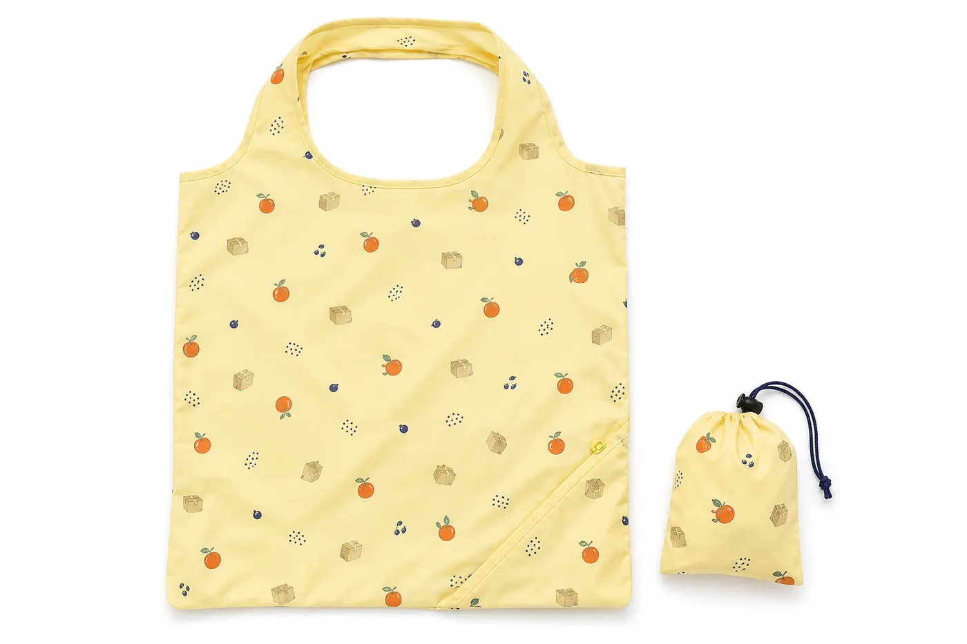 Foldable eco tote bag with matching pouch, lightweight polyester, and all-over print
