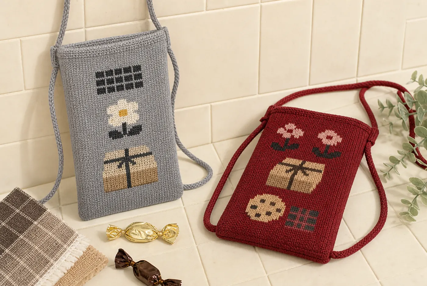 Knitted phone shoulder pouches with cord straps and jacquard patterns
