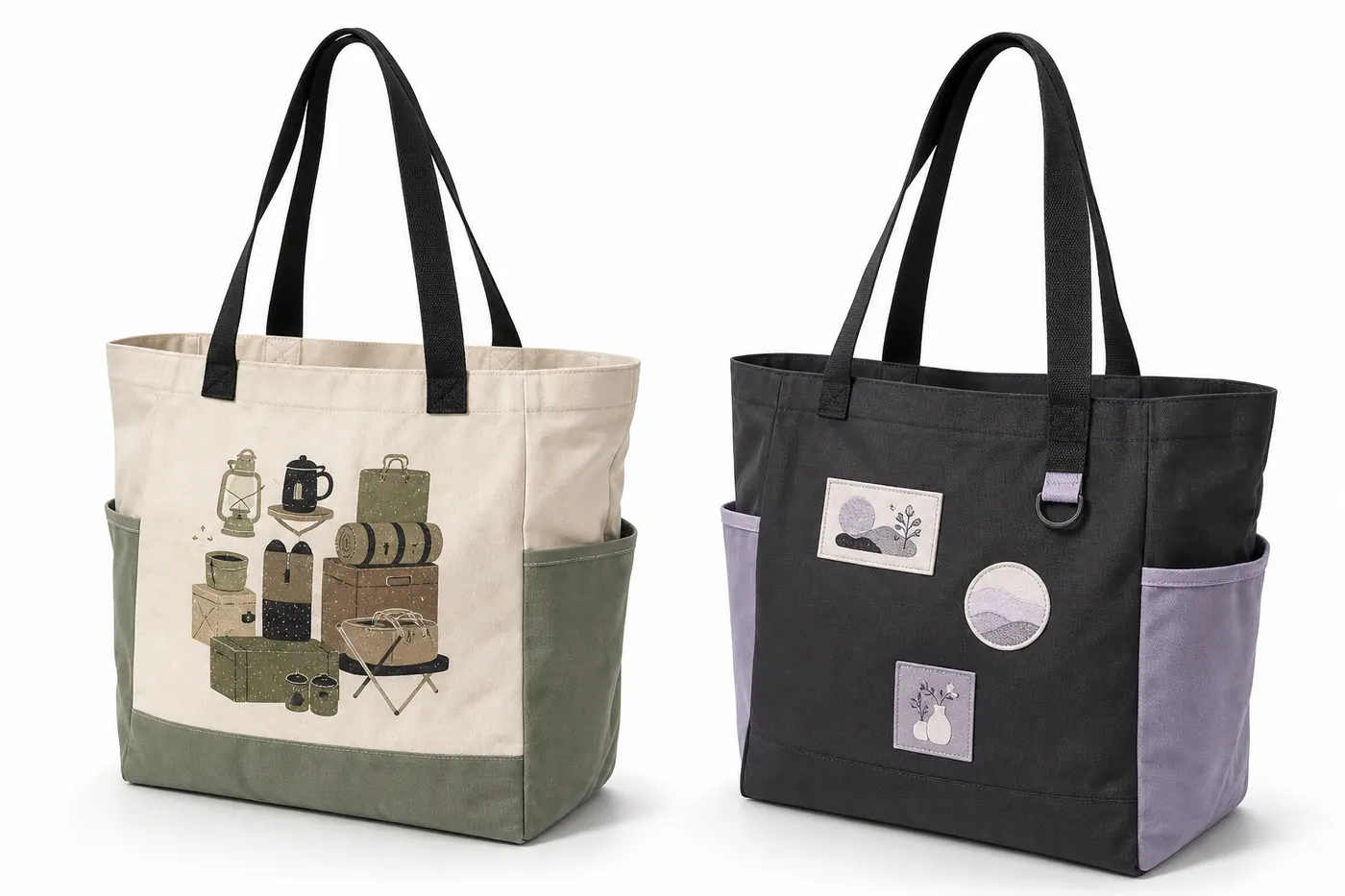 Large event tote bags with black shoulder handles, side pockets, gussets, and reinforced bottoms