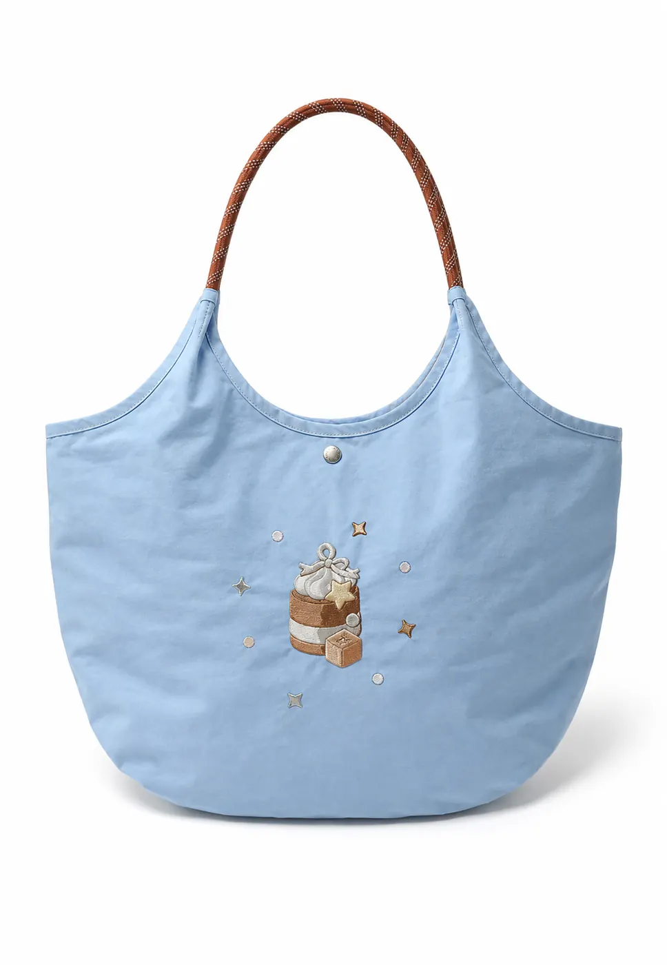 Large soft rounded tote bag with braided handle, snap button, curved opening, and embroidery sample