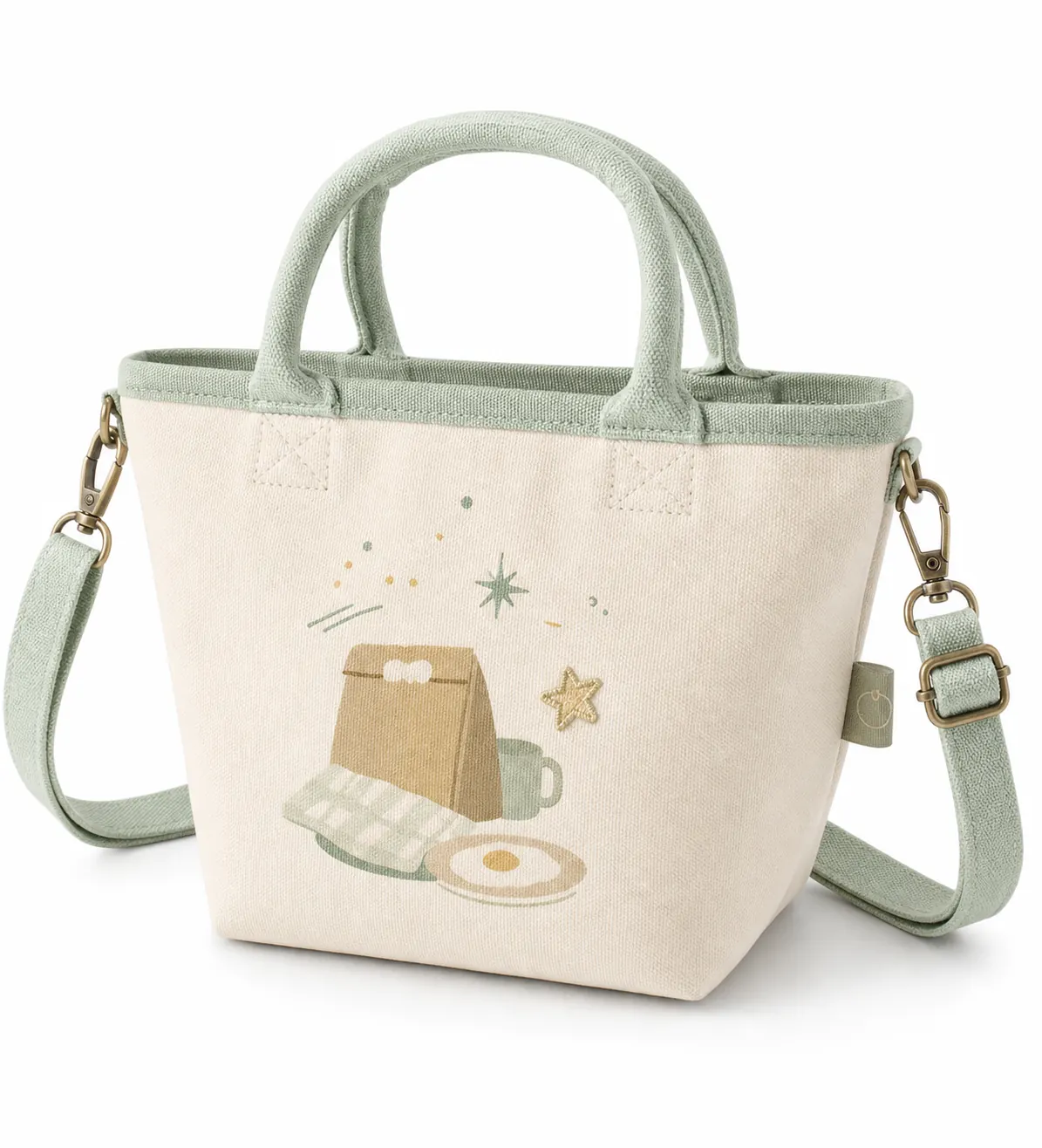 Mini canvas lunch tote with detachable shoulder strap, woven tag, inkjet print, and embroidery