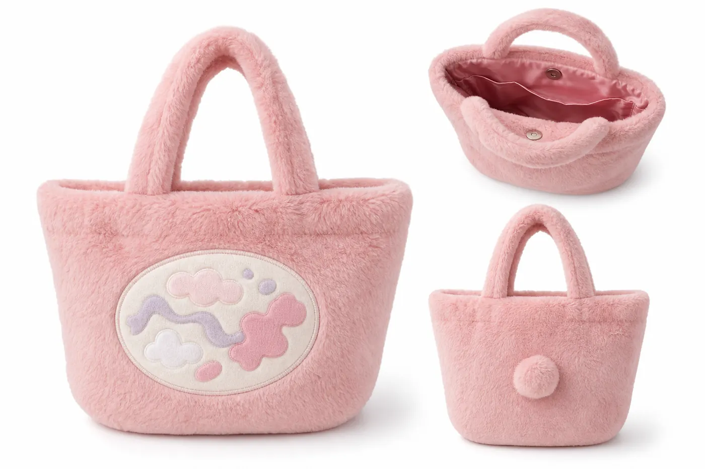 Plush mini tote shown in front, back, and open views with magnetic closure and lining