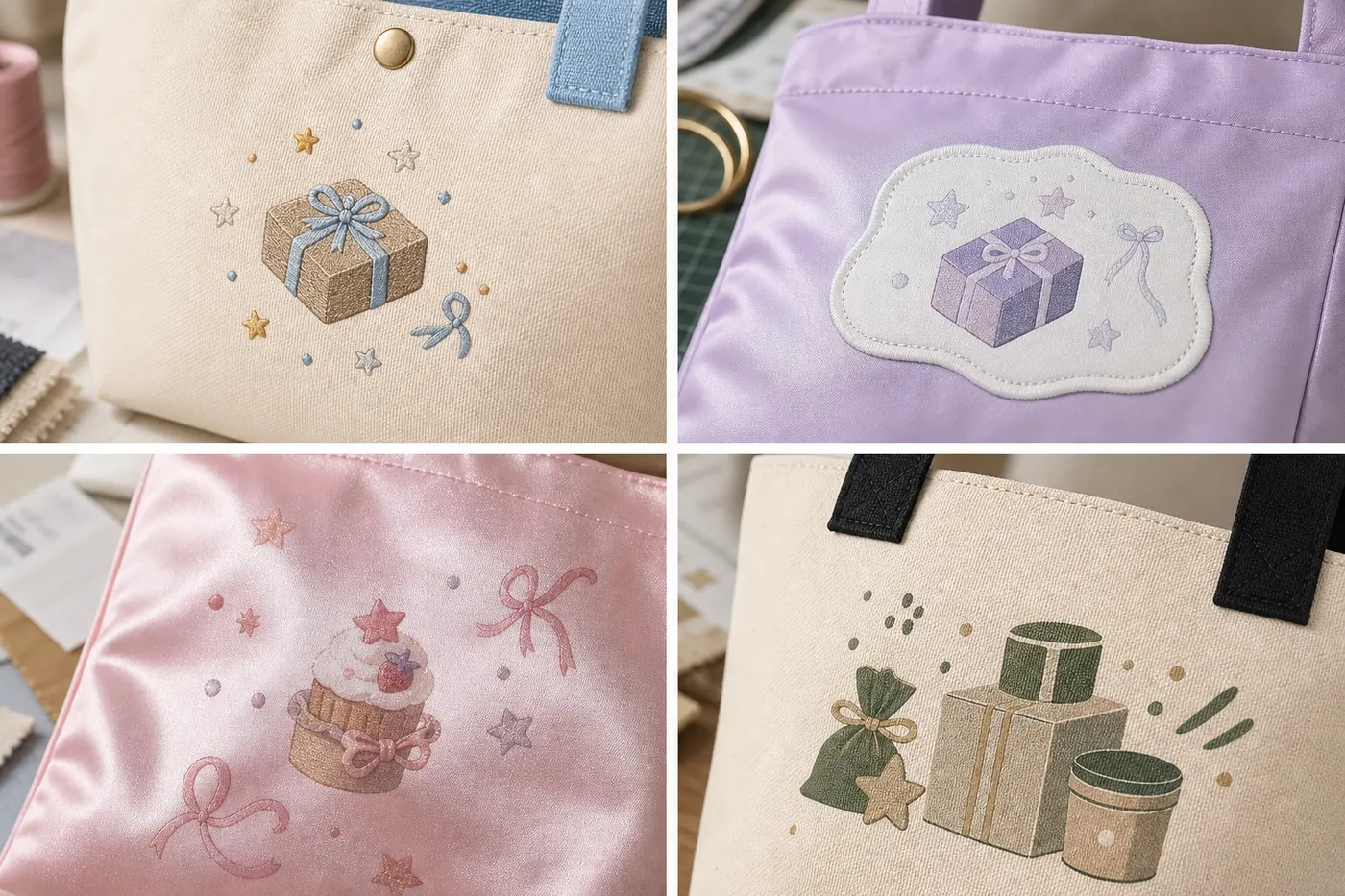 Close-up comparison of embroidery, heat transfer, inkjet print, and screen print for tote bag OEM