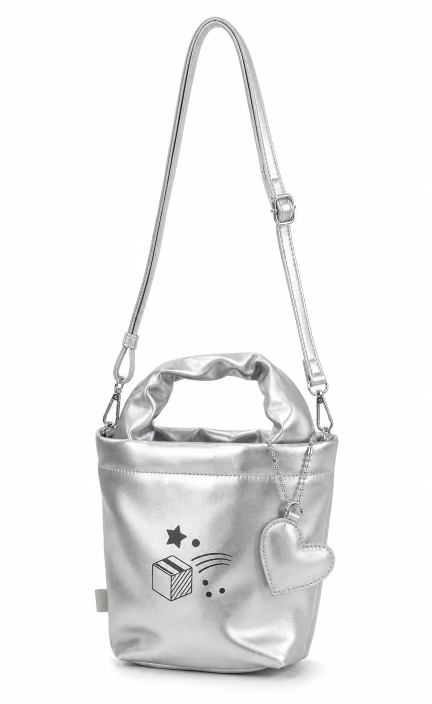Silver PU mini shoulder bag with chain charm, shoulder strap, and metal hardware