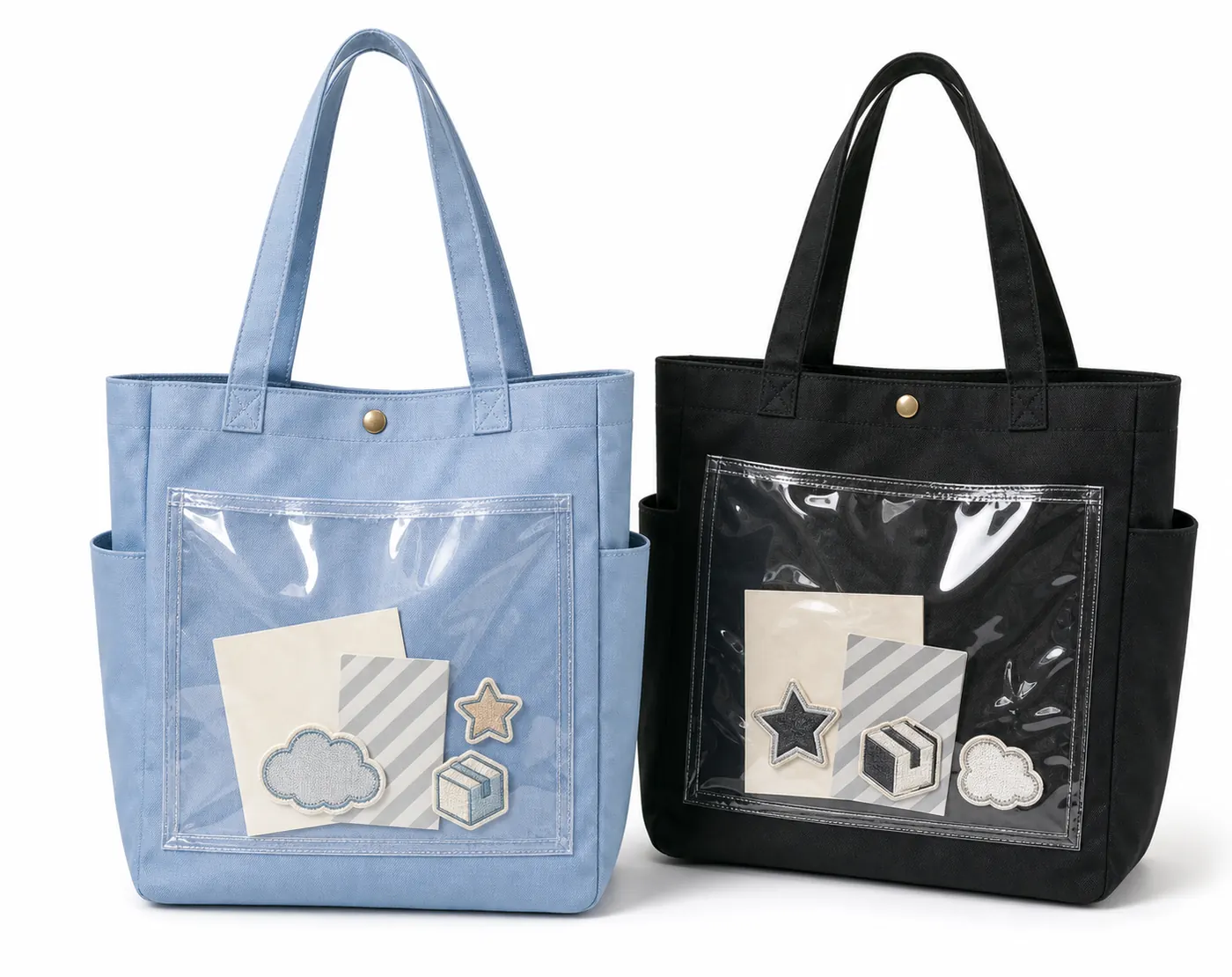 Tote bags with clear PVC front pockets for cards, patches, and badge display