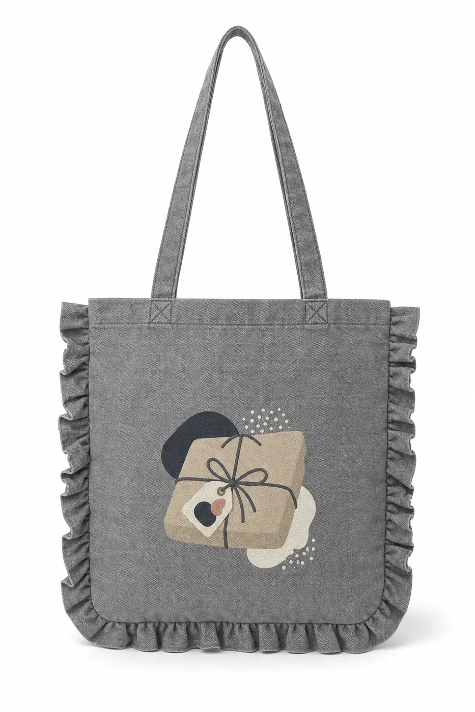 Grey canvas ruffle tote bag with pleated trim and screen print