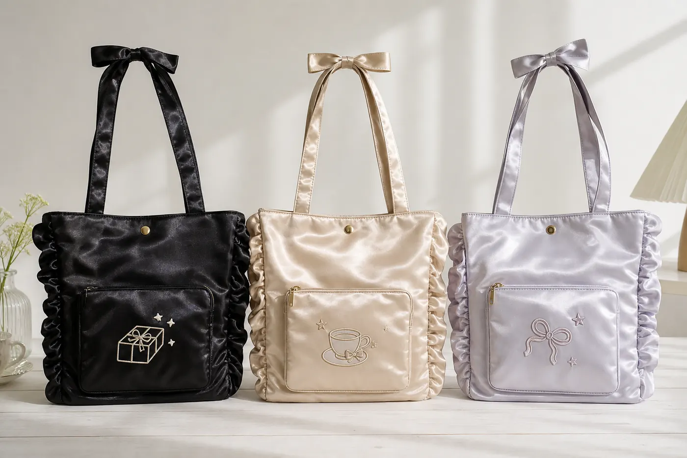 Satin ruffle tote bags with ribbon handles, front pockets, and embroidery