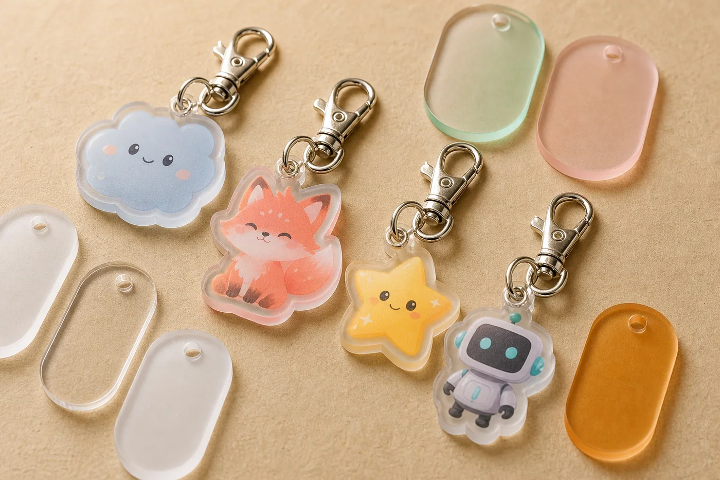 Matte acrylic keychain and charm samples with metal fittings