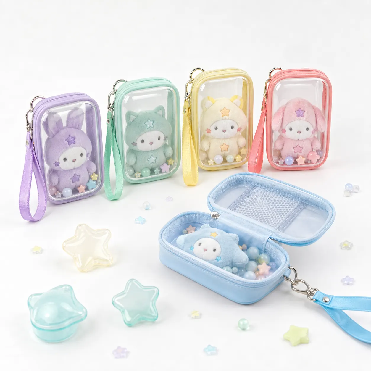 透明ミニポーチ、ぬいぐるみ、小物を入れた収納ケースのカラー展開例
