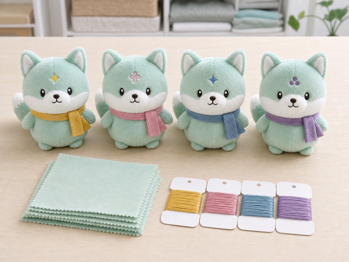 four custom plush SKUs using shared fabric and one common body pattern