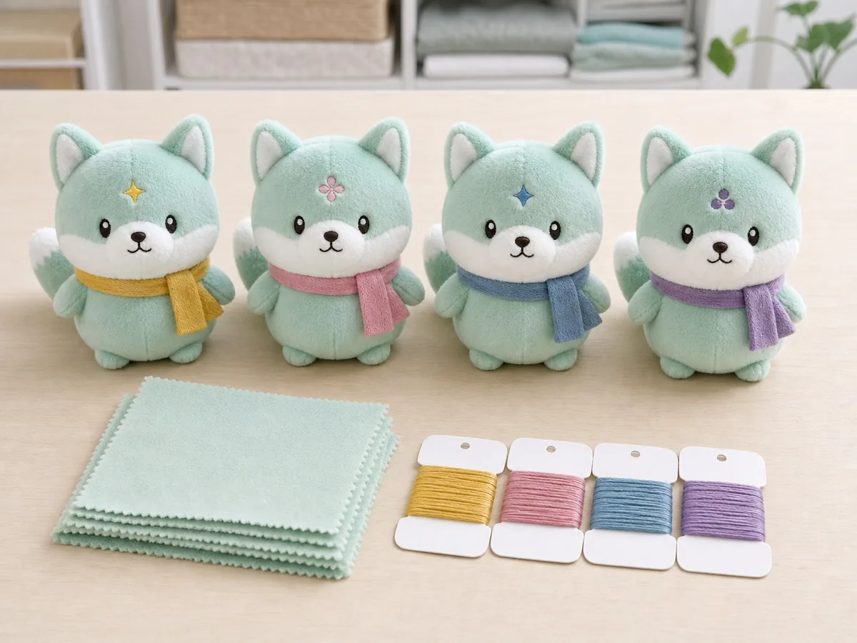 four custom plush SKUs using shared fabric and one common body pattern four custom plush SKUs using shared fabric and one common body pattern