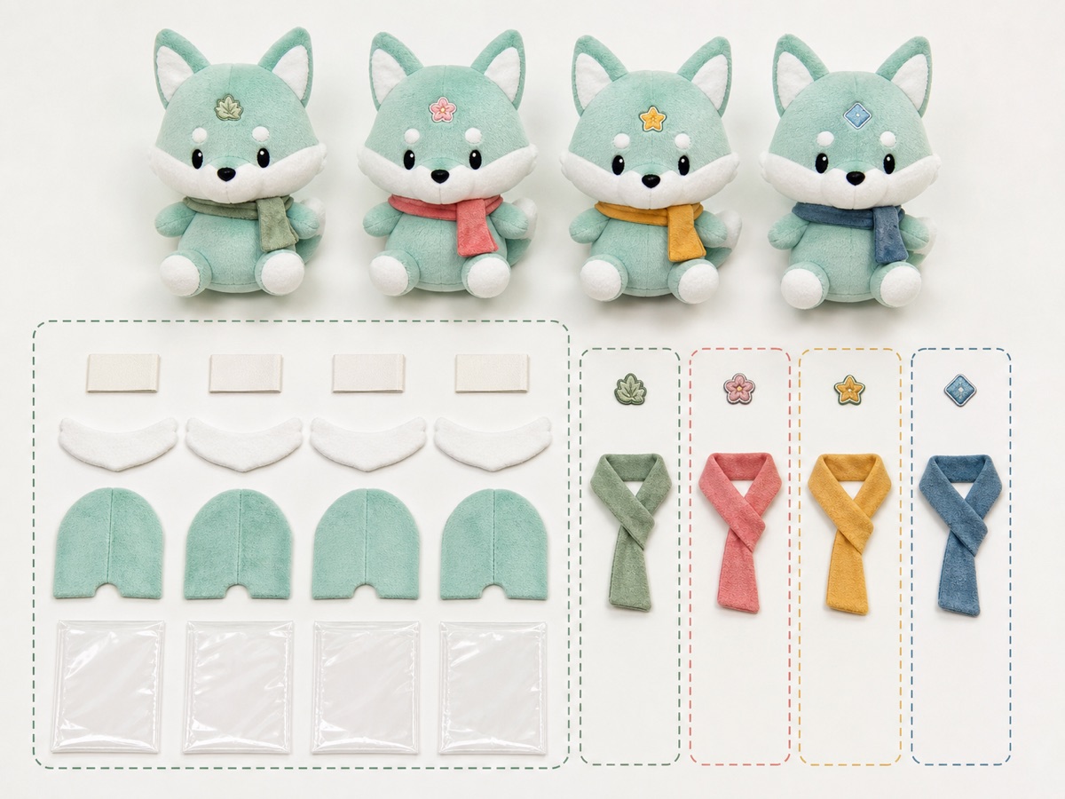 multi-SKU plush series separated into shared components and SKU-specific accent parts