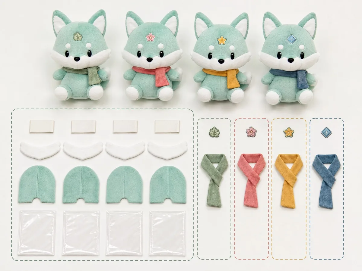 multi-SKU plush series separated into shared components and SKU-specific accent parts multi-SKU plush series separated into shared components and SKU-specific accent parts