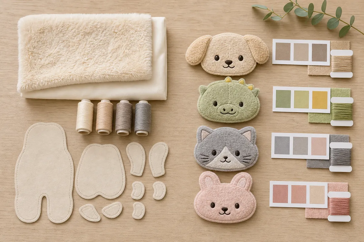 ぬいぐるみの共通生地とSKU専用の刺繍・色仕様を整理したサンプル台