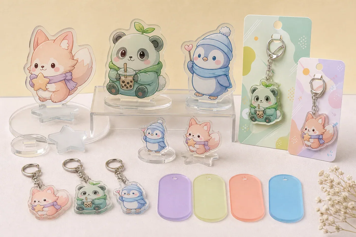 Multi-product merchandise lineup arranged for event sales