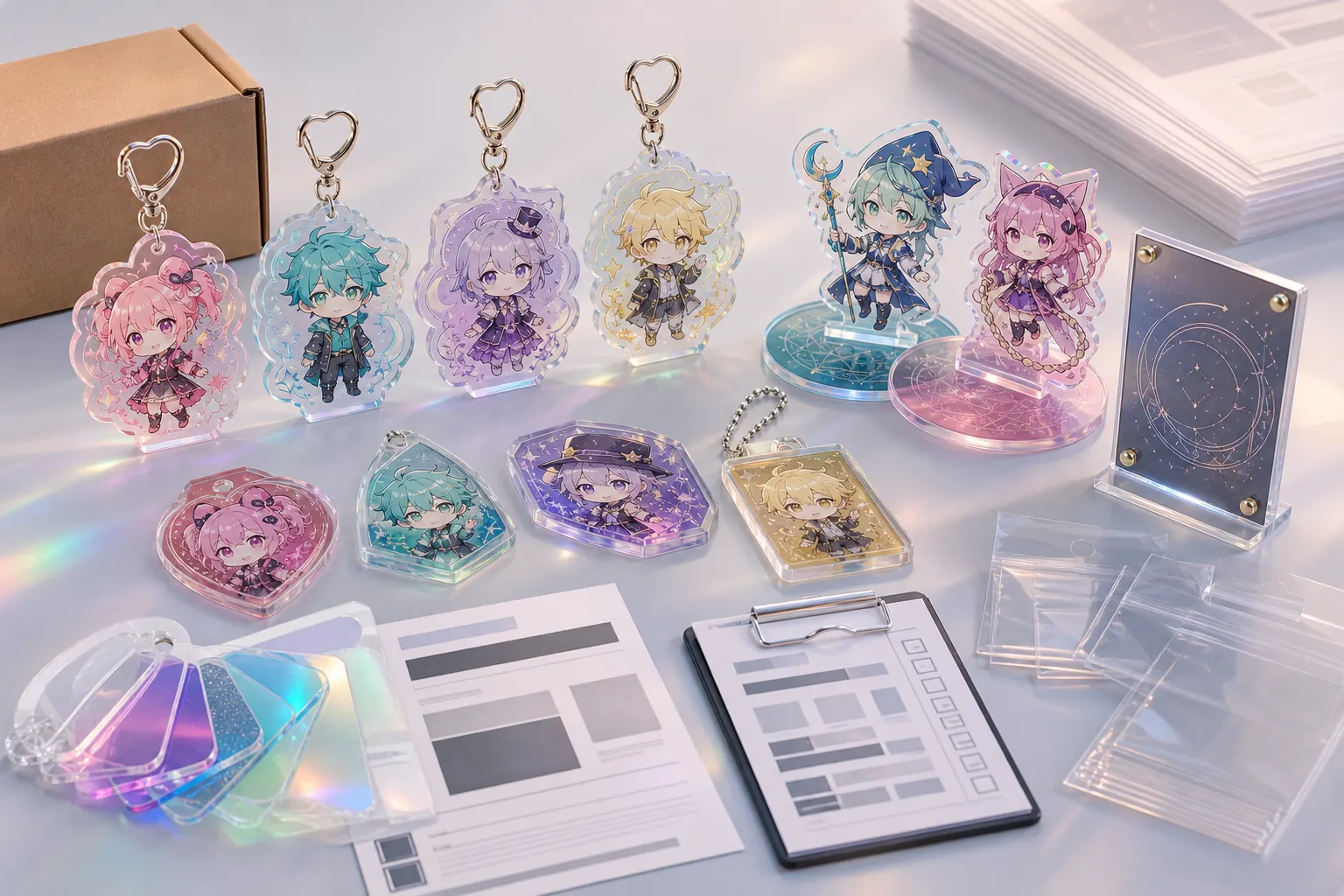 オーロラ・偏光アクリルグッズ OEM オリジナルアニメIP 色味確認と素材サンプル