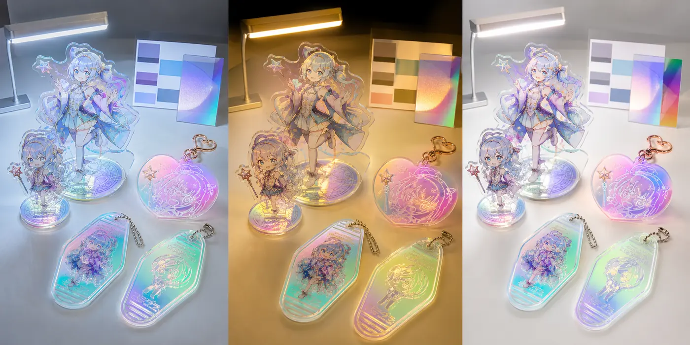 オーロラ・偏光アクリルグッズ OEM オリジナルアニメIP 量産前サンプル照明比較