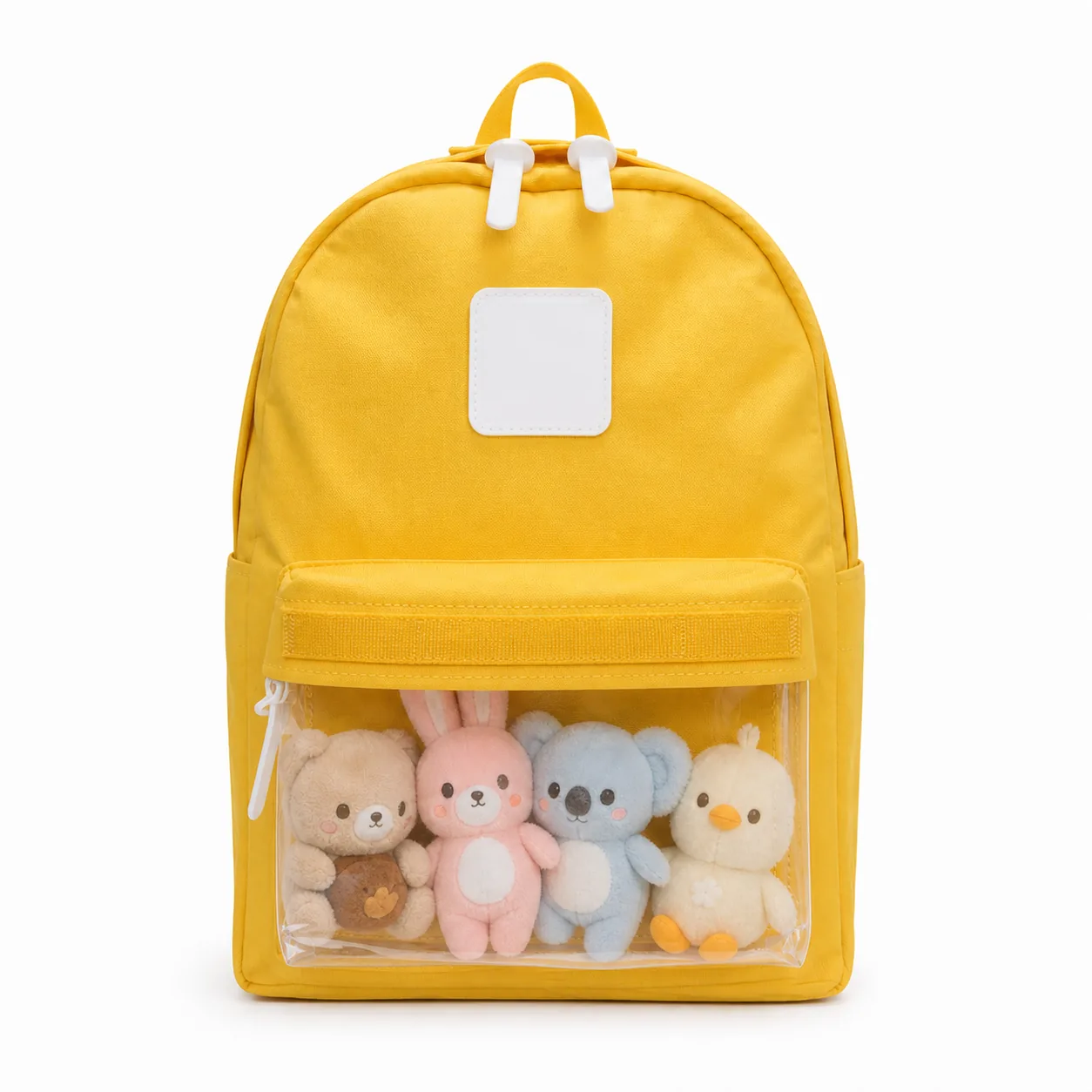 Yellow custom clear-window ita backpack sample Yellow custom clear-window ita backpack with small plush dolls in the display pocket