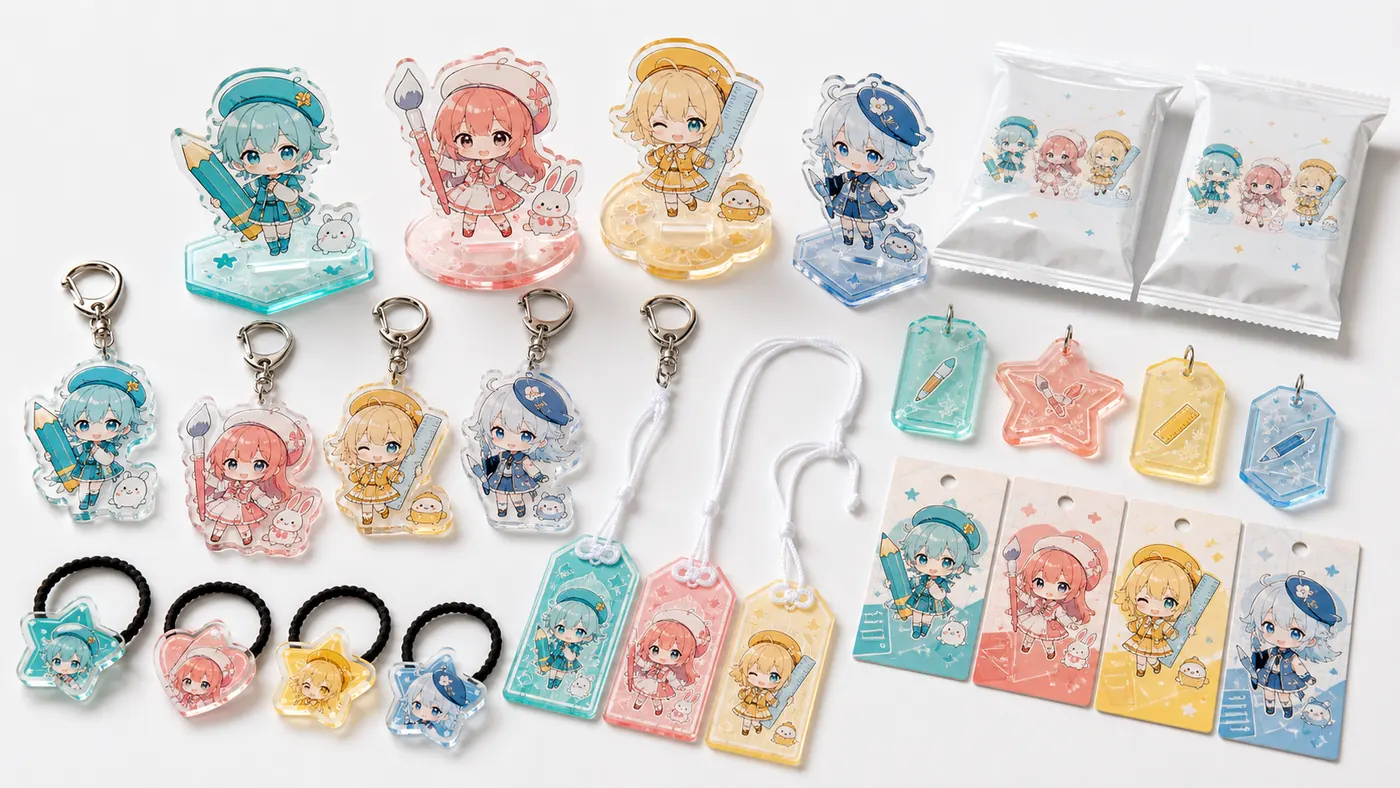 雑貨メーカー向けアクリルグッズOEMのオリジナルIP商品集合、アクキー、アクスタ、ブラインド包装、台紙付き商品の量産イメージ