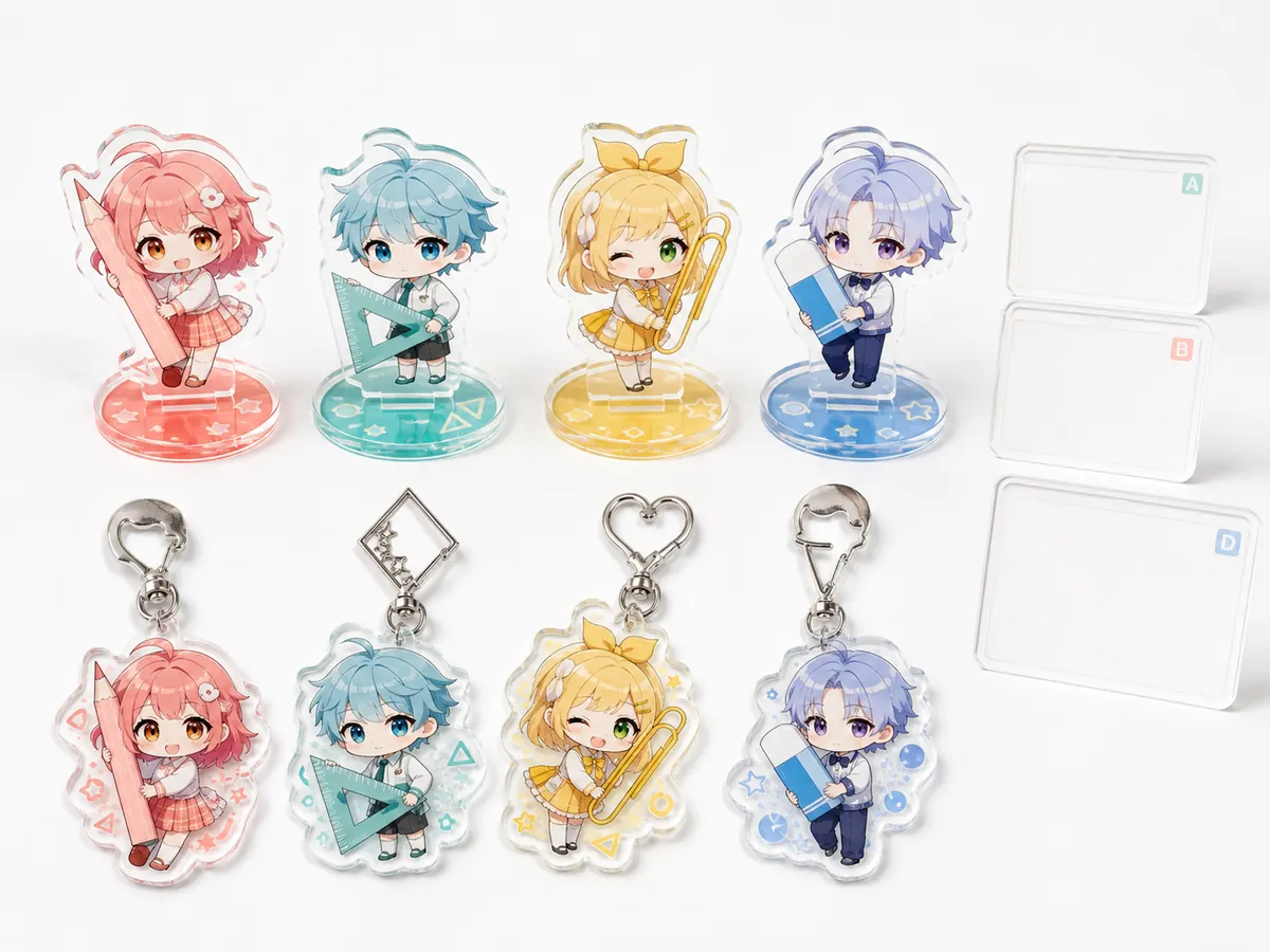 オリジナルIPのアクリルスタンドとアクリルキーホルダーを同じシリーズで展開する商品ラインイメージ