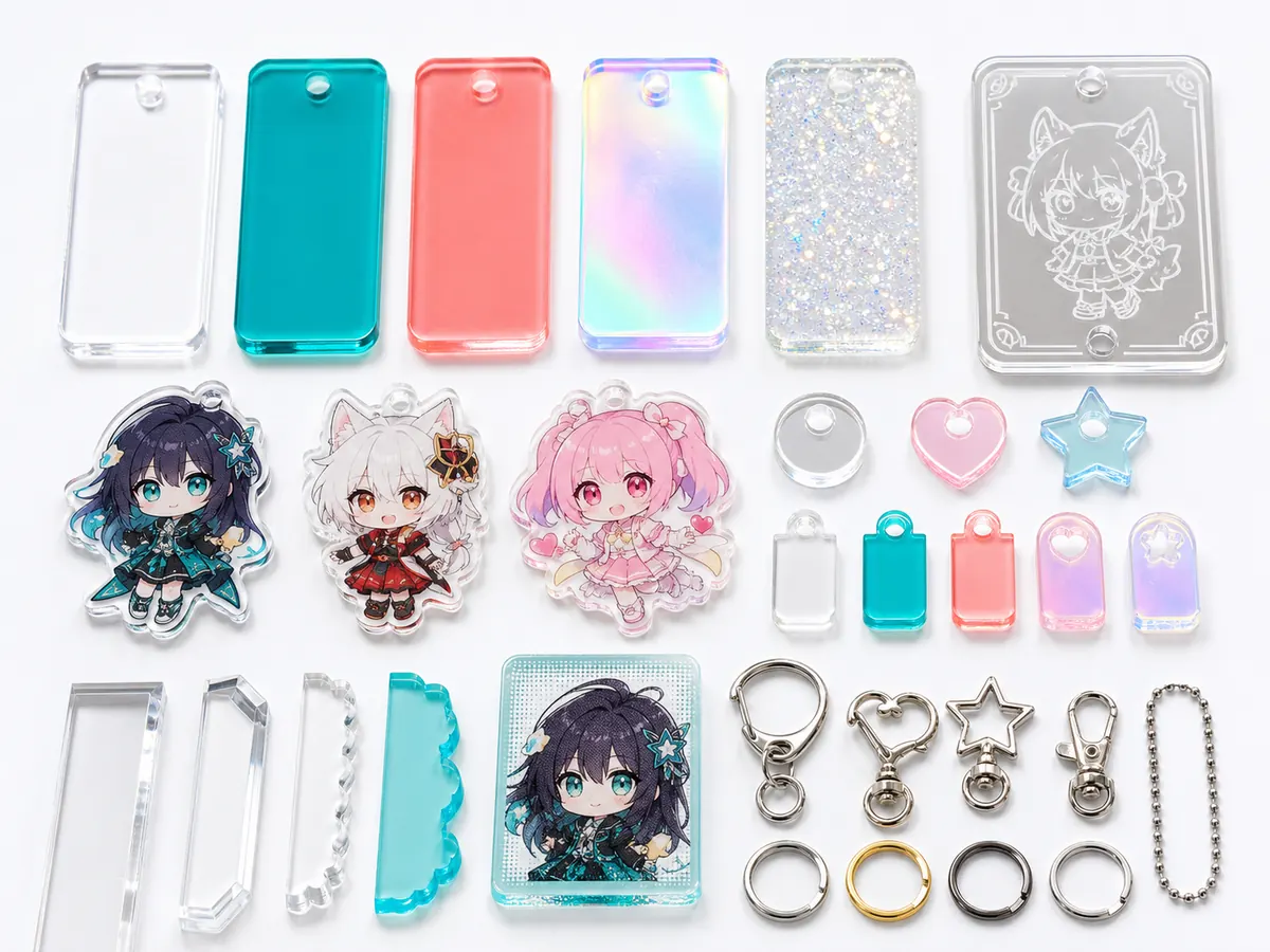 透明アクリル、カラーアクリル、オーロラ、グリッター、金具、レーザーカットの加工サンプル