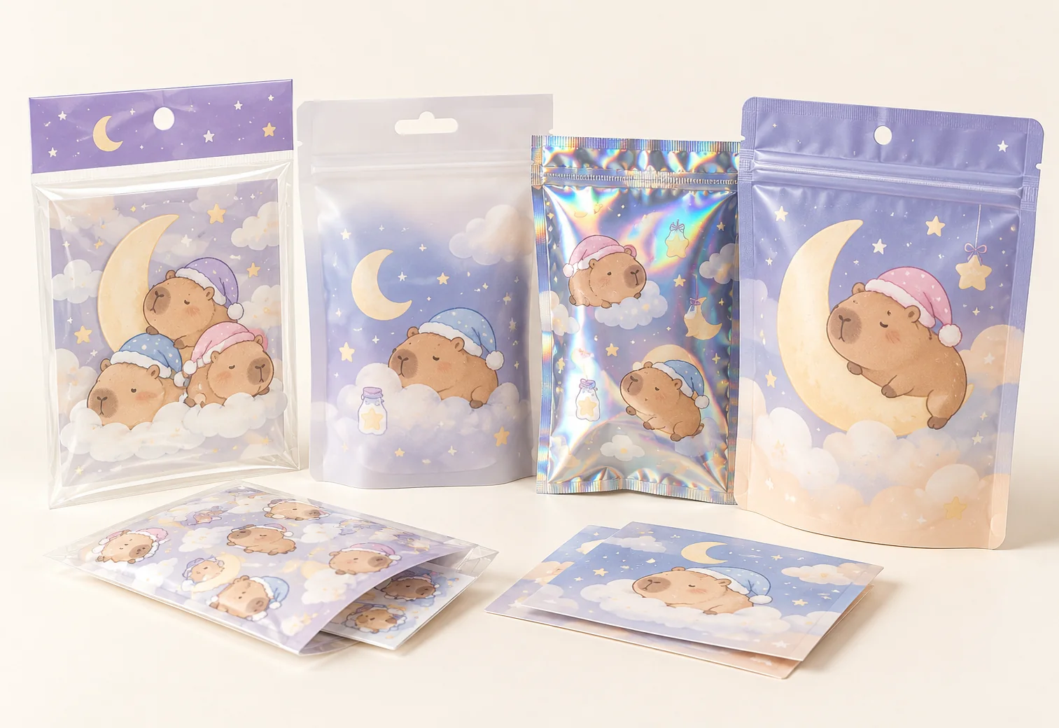 星空カピバラのオリジナルIPを印刷したキャラクターグッズ用パウチと袋