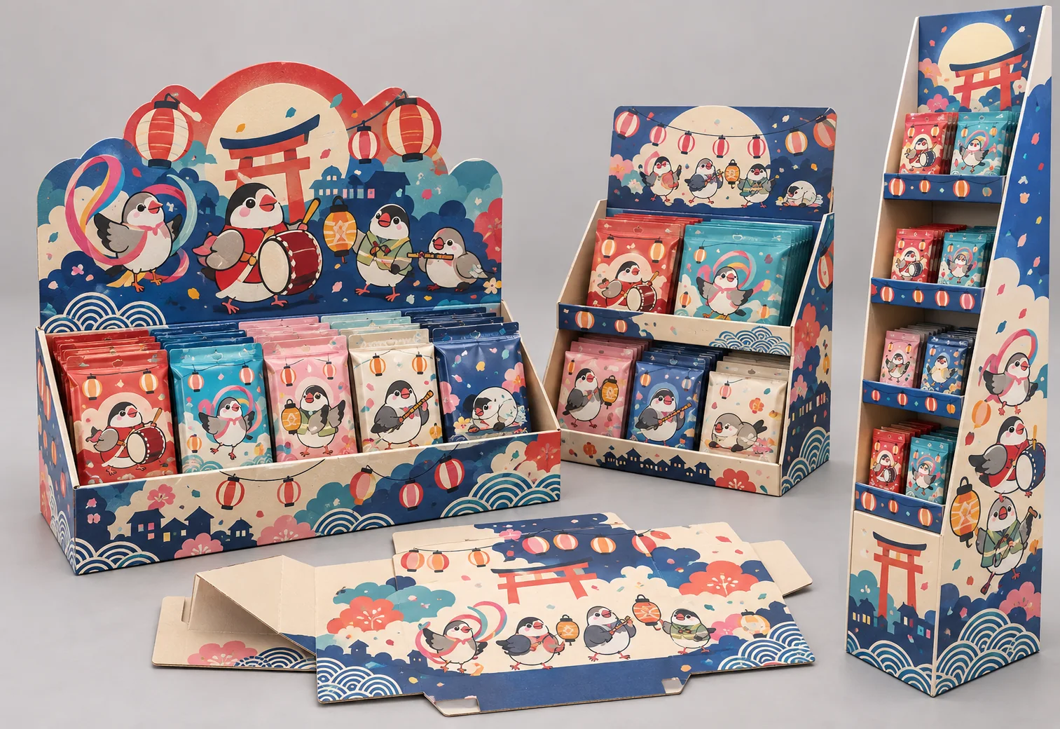 お祭りフィンチのオリジナルIPを印刷した店頭ディスプレイ什器