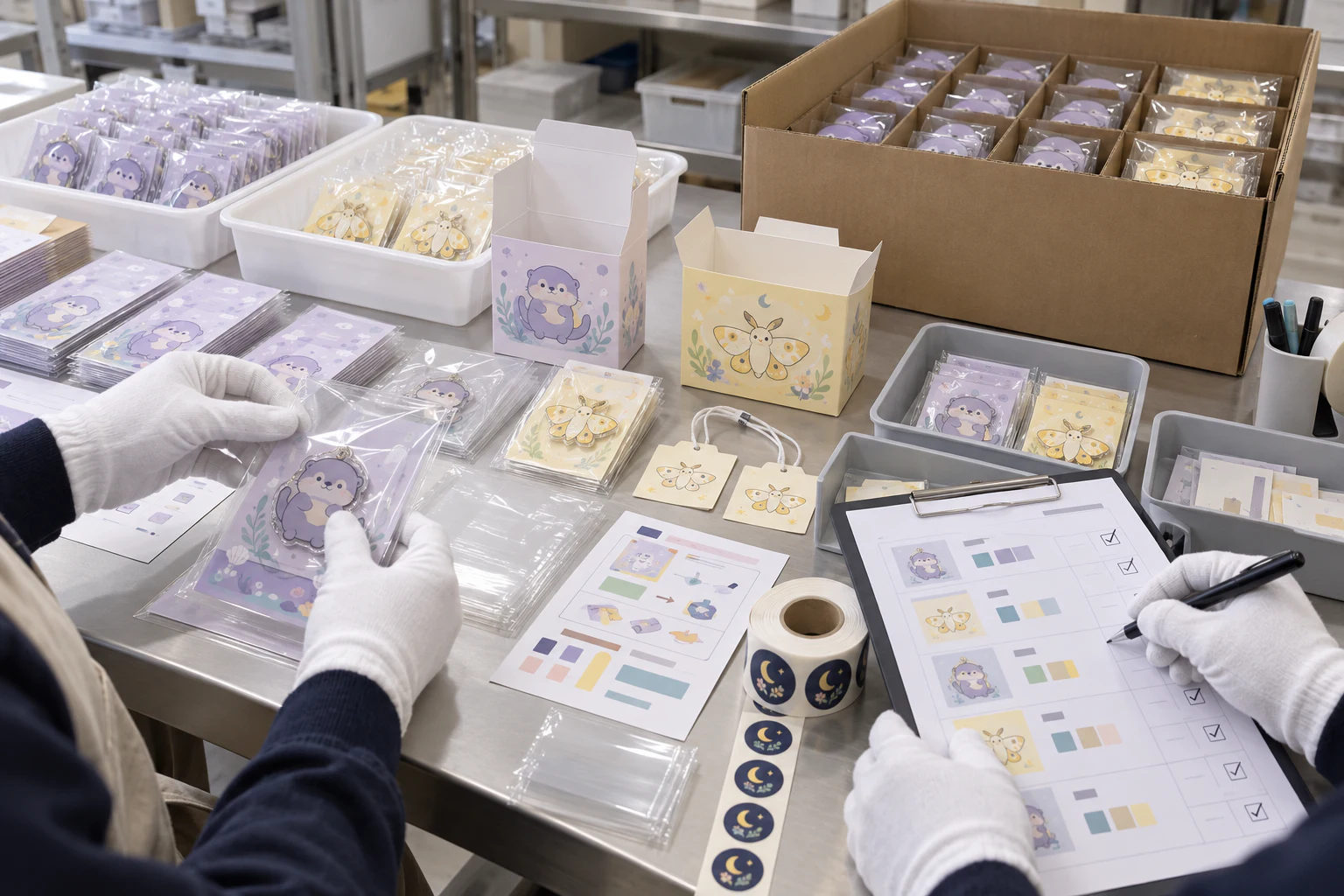 提携する専門の第三者包装検品会社がキャラクターグッズの封入、SKU照合、検品、箱詰めを行うイメージ
