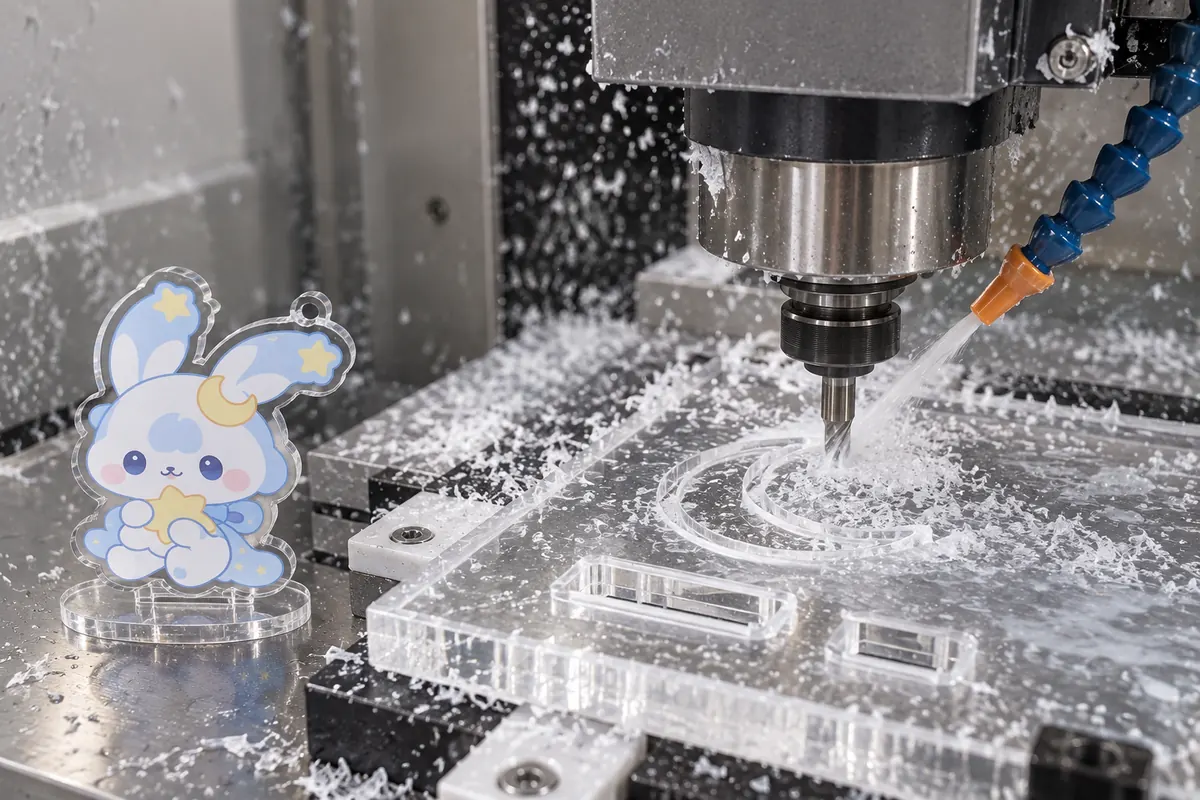 Recreated CNC process image milling a groove in a clear base for an original moon-rabbit character