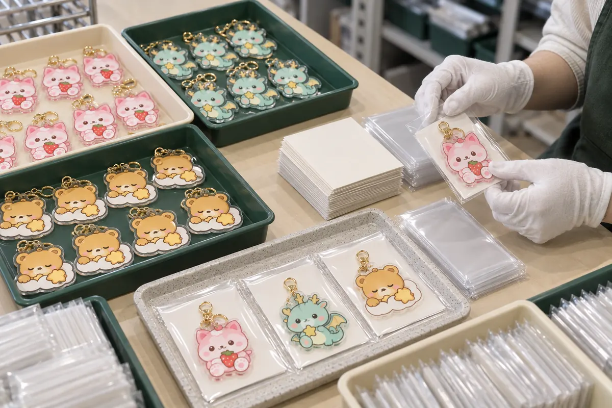 複数のオリジナルキャラクターアクリルチャームをSKU別に仕分けて個包装する作業