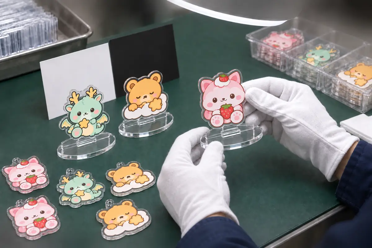 オリジナルキャラクターのアクリルスタンドとチャームを量産前検品する作業者
