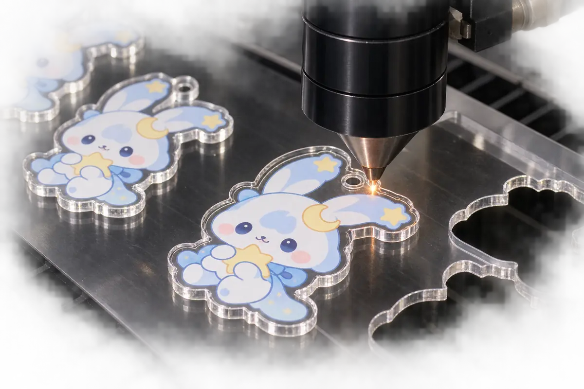 オリジナルの月うさぎ風キャラクターの輪郭と金具穴をレーザーカットする工程再現画像