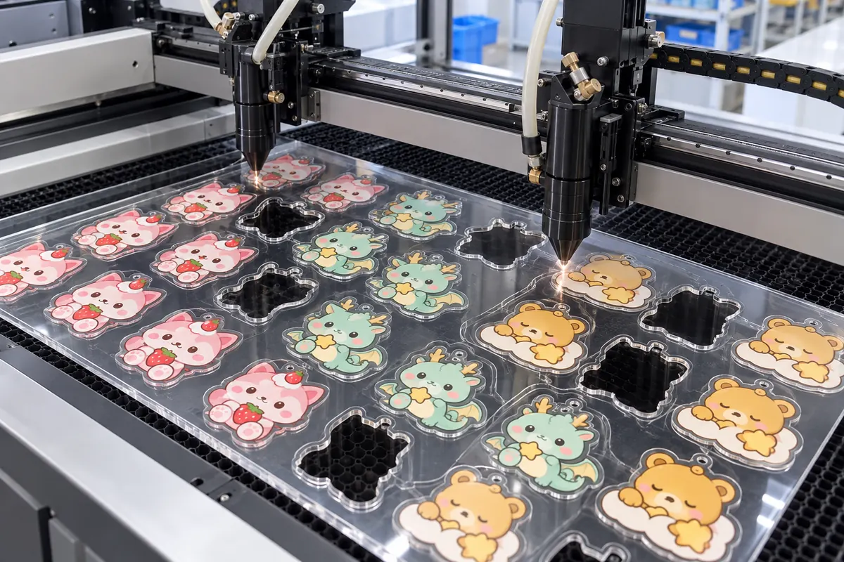 Recreated laser-cutting image with multiple original characters nested on one clear acrylic sheet