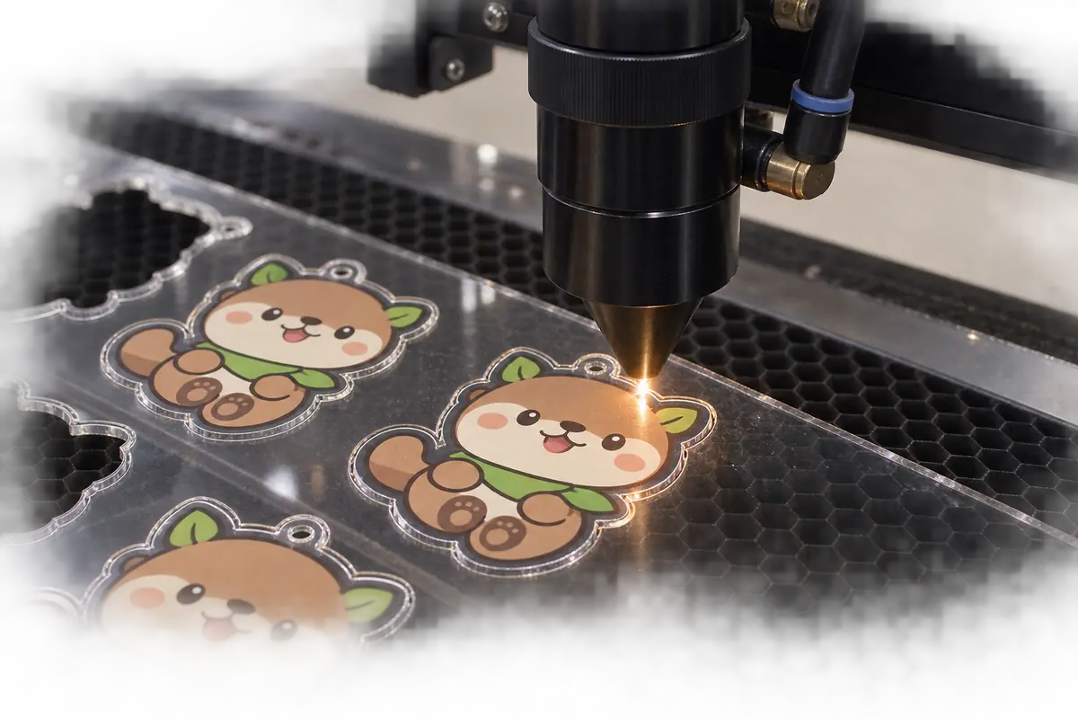 オリジナルの森のカワウソ風キャラクターを透明アクリルからレーザーカットする工程再現画像