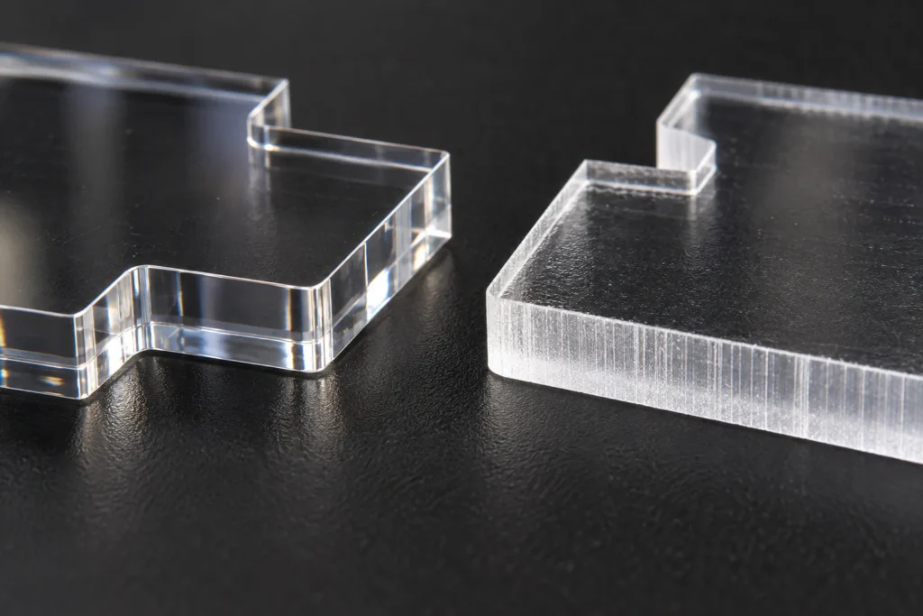 Comparison of a clear smooth acrylic laser-cut edge and a cloudy white edge