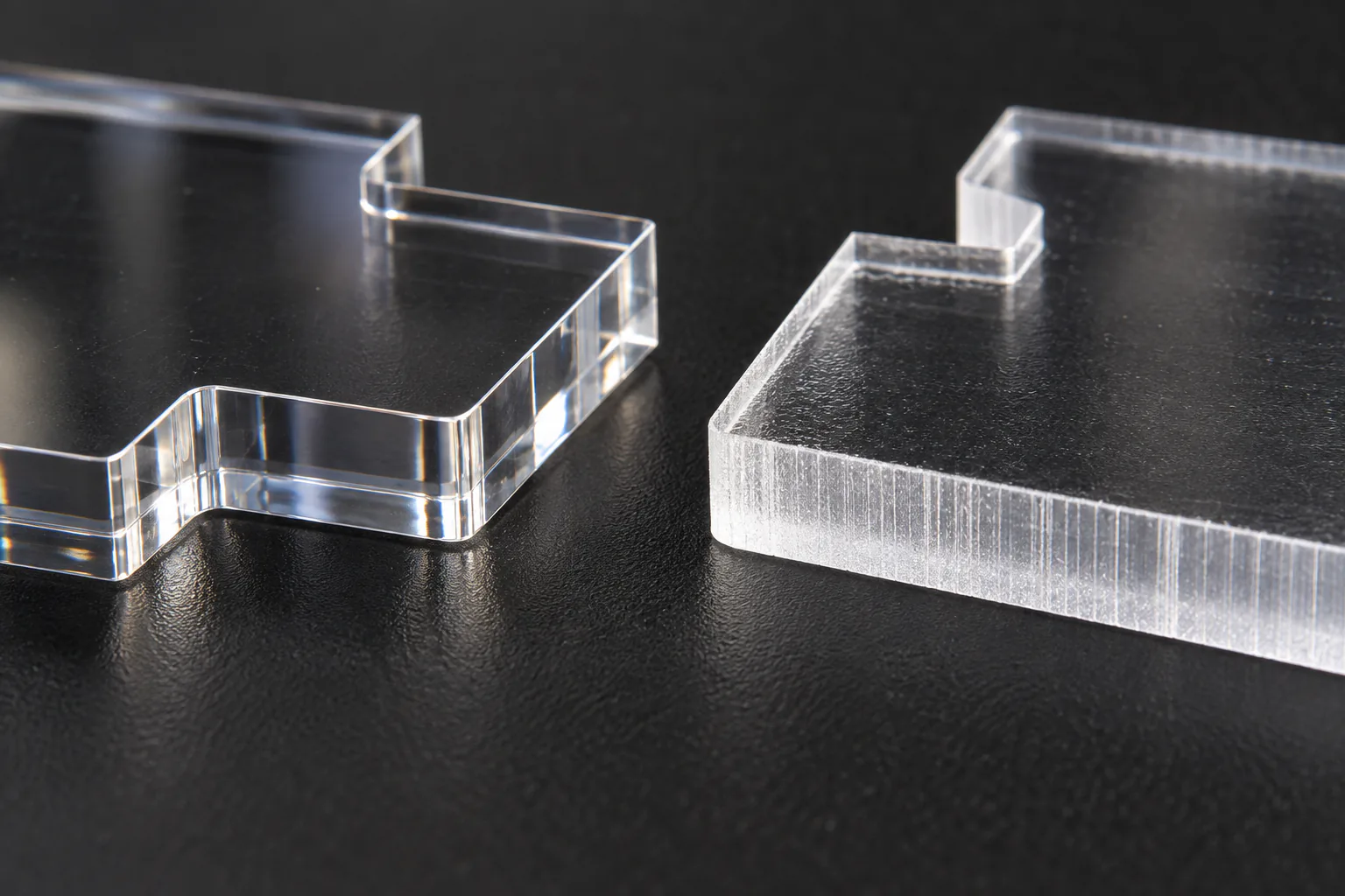 Comparison of a clear smooth acrylic laser-cut edge and a cloudy white edge