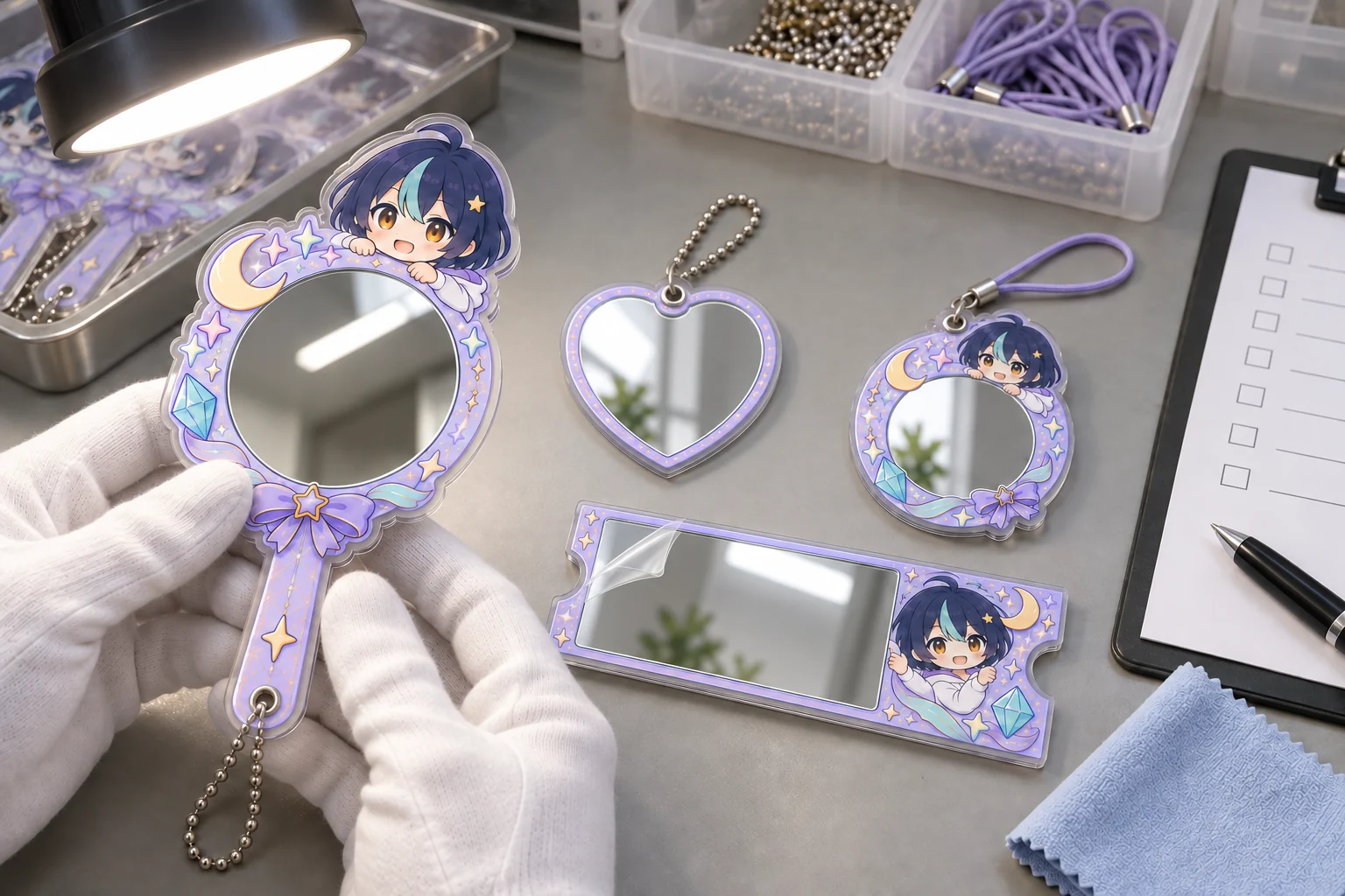 Pre-shipment inspection of protective film, mirror scratches, edges, hardware and reflection on custom acrylic mirrors