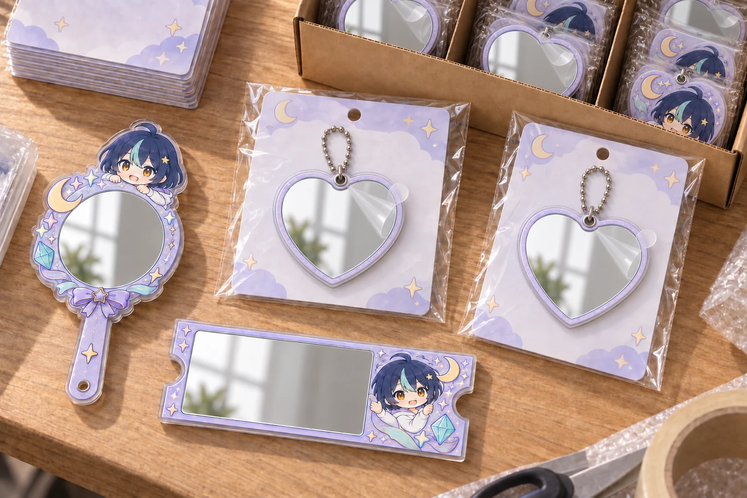 Custom heart mirror keychains protected with surface film, backing cards, OPP bags and divided cartons for multiple SKUs