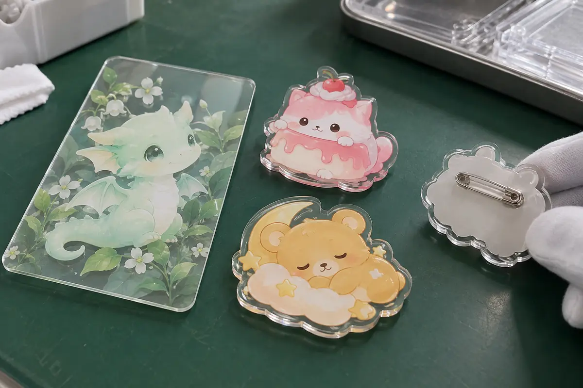 角丸カードと裏面金具付きバッジを並べたオリジナルIPアクリル製品