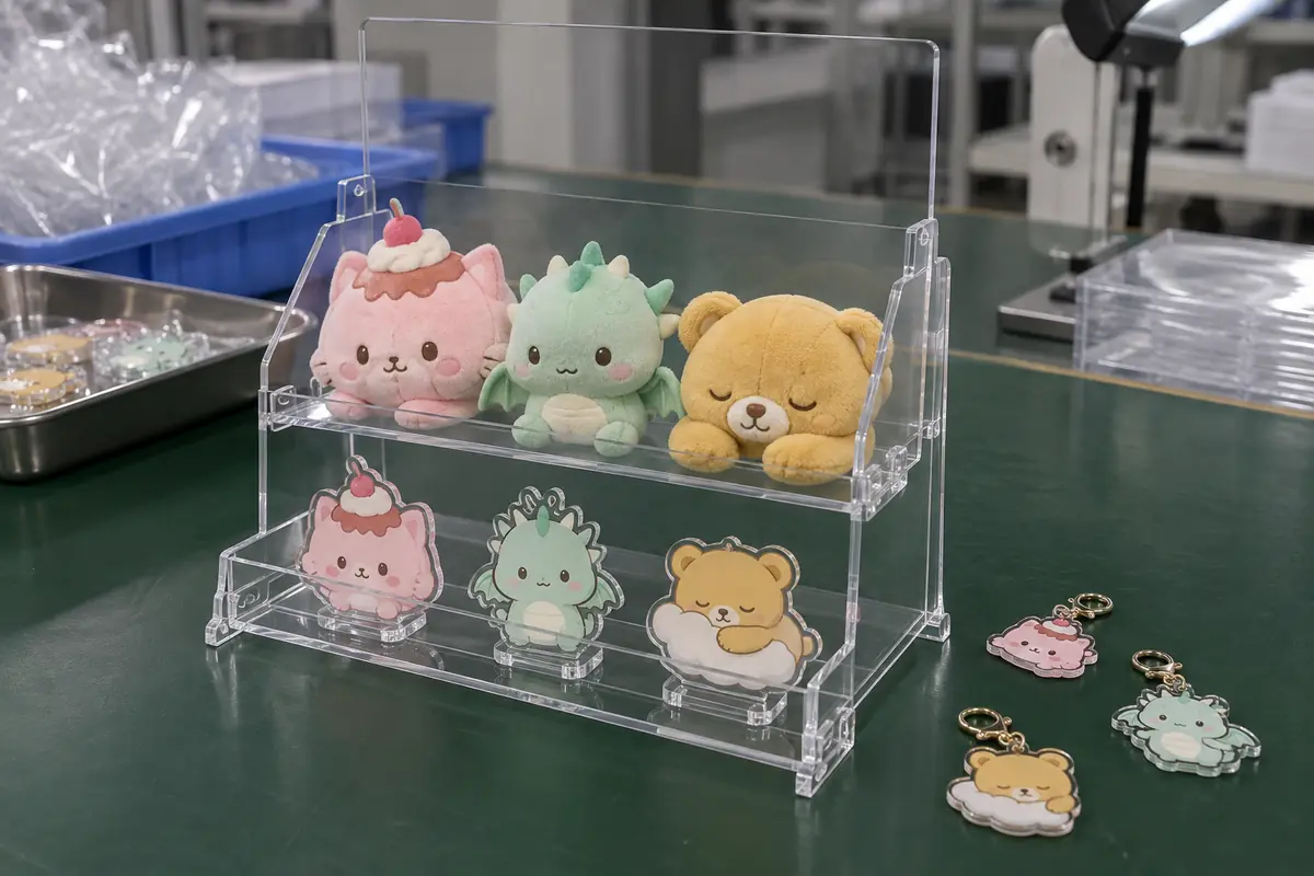 Assembled clear acrylic POP display holding original-IP merchandise
