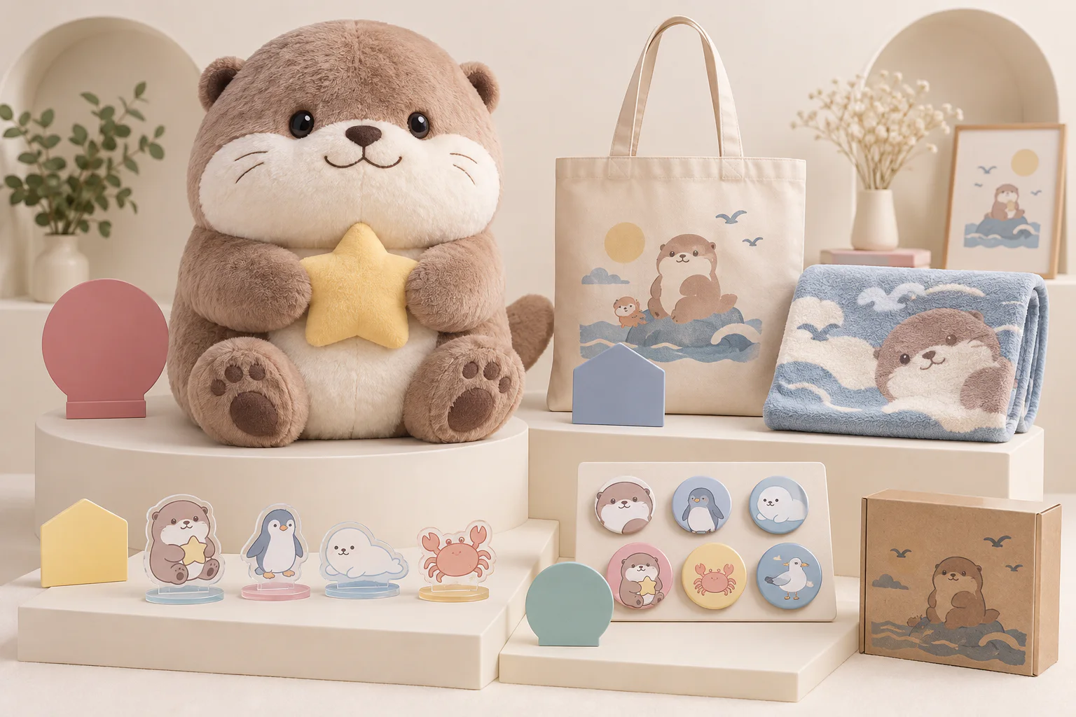 Tiered blind-box and prize merchandise assortment with coordinated packaging