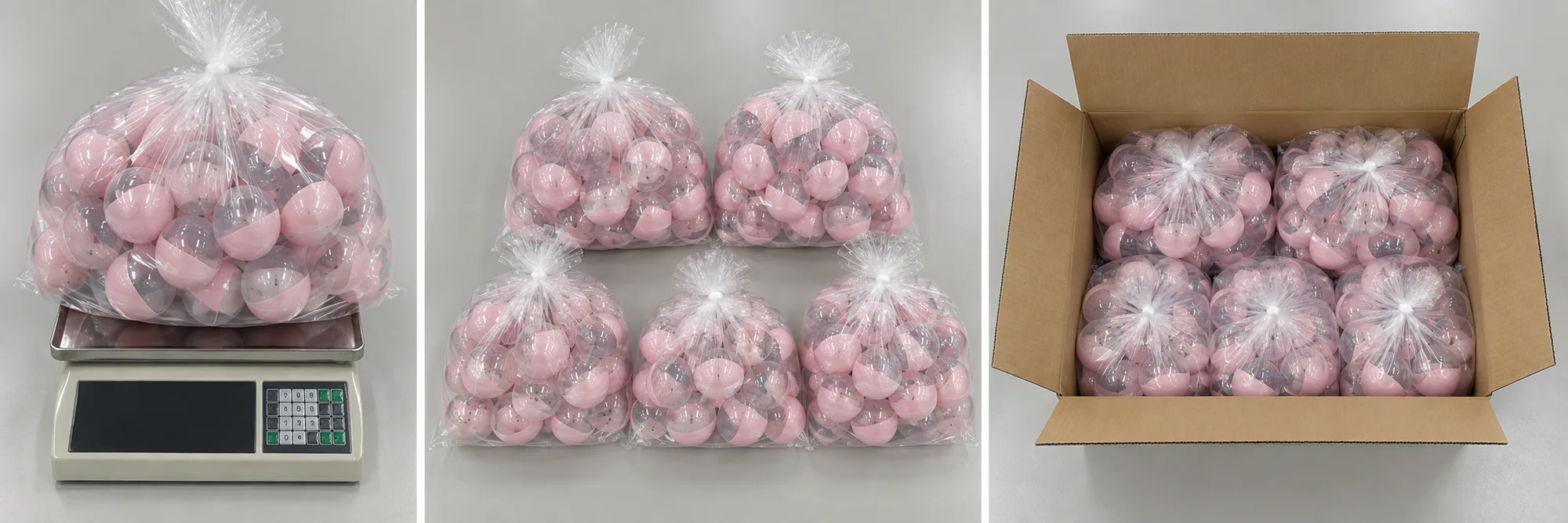 Capsule toy inner-bag and carton packing Finished capsules packed into inner bags and export cartons