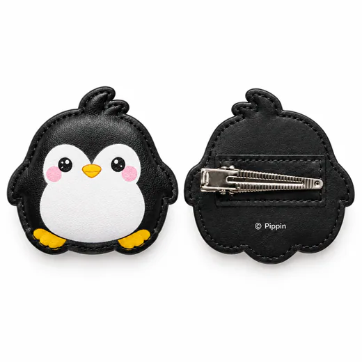 ペンギン型PUプリントヘアクリップの正面と背面