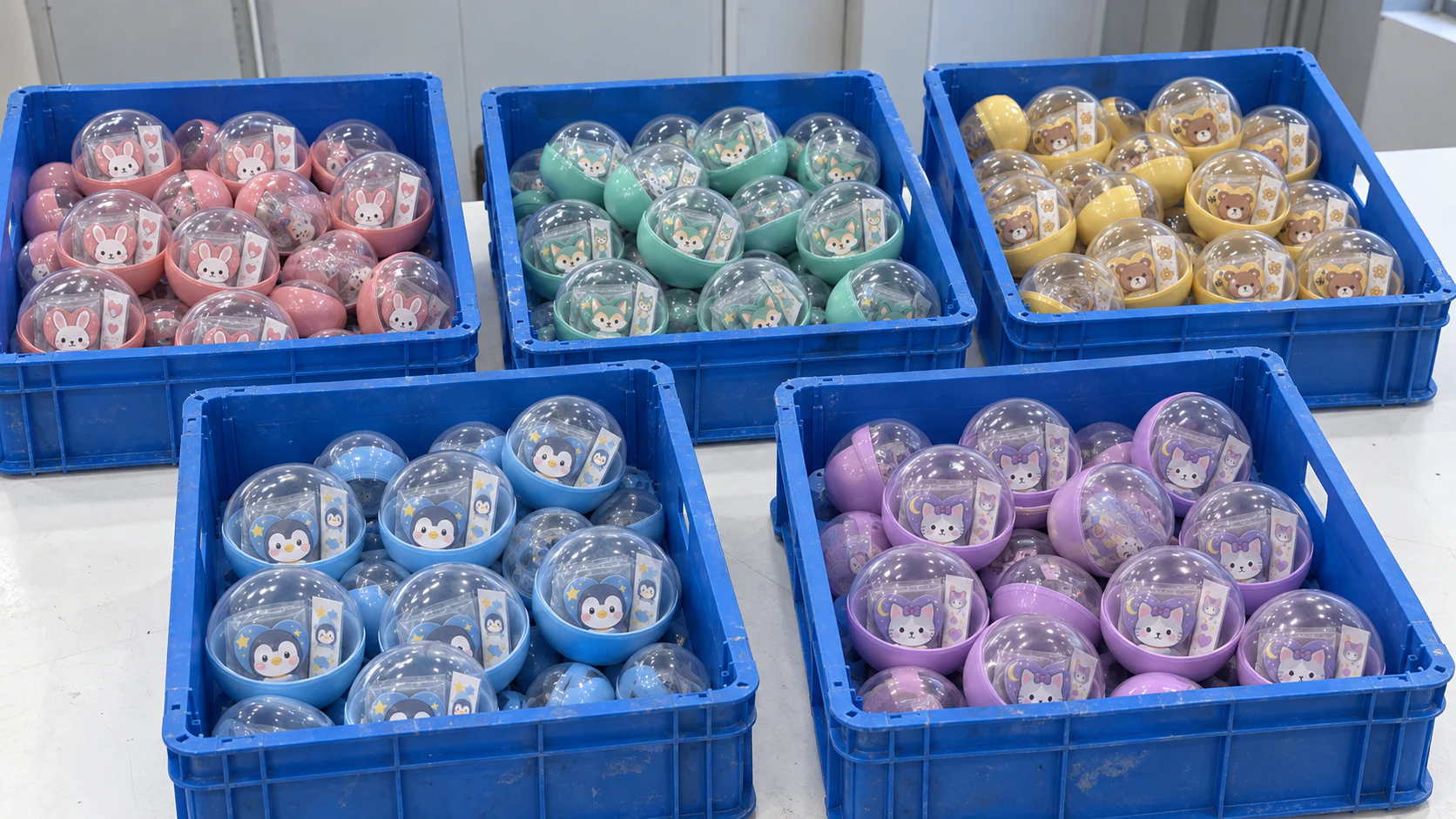 Capsule toy OEM assembly workflow Ordered capsule toy assembly workflow from parts to closed capsules