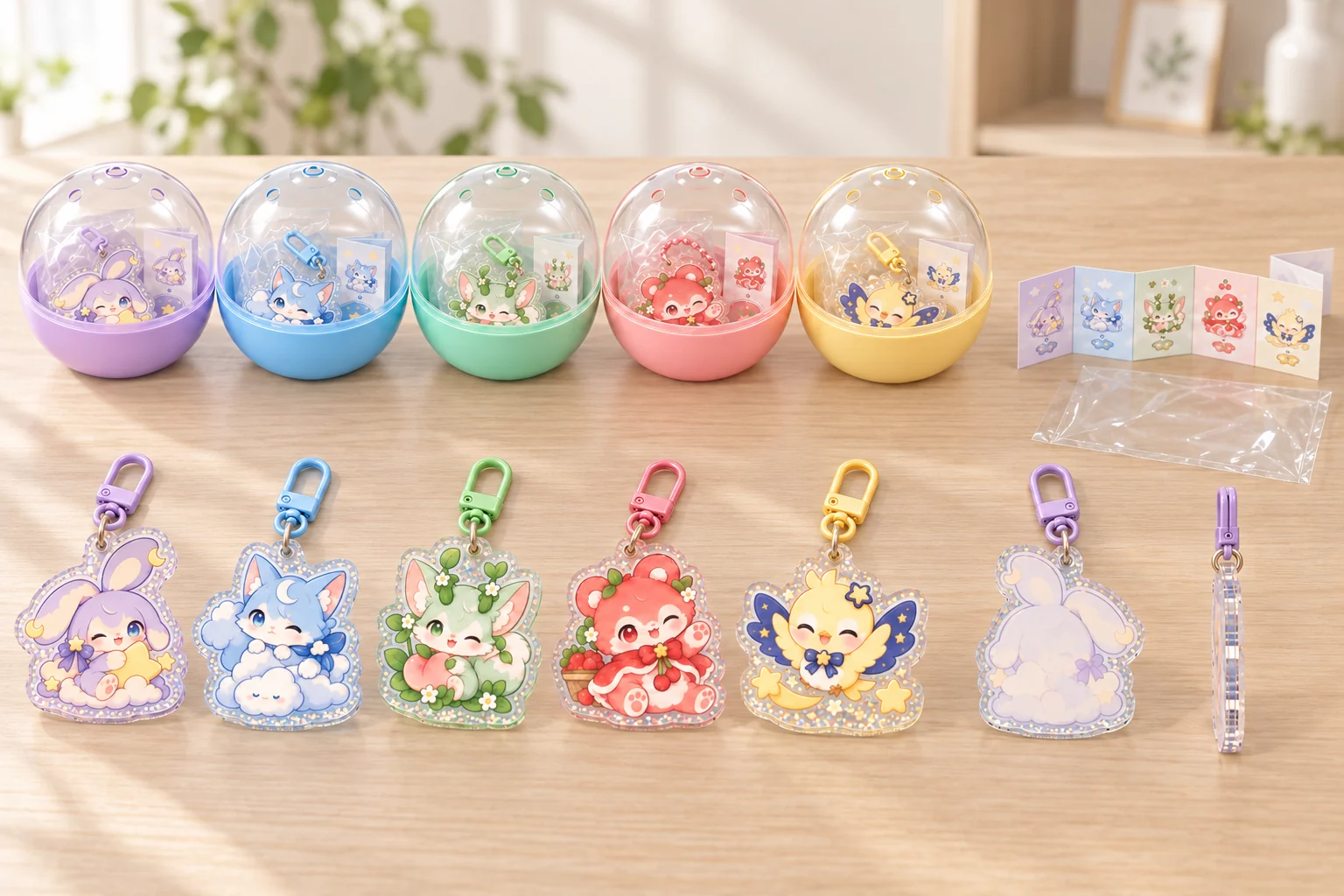 Five capsule toy designs with individually OPP-packed acrylic charms and printed inserts