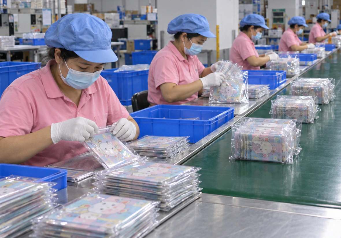 平物グッズを単品OPP包装し、10個単位で中袋にまとめて箱詰めする検品・包装ラインの作業イメージ