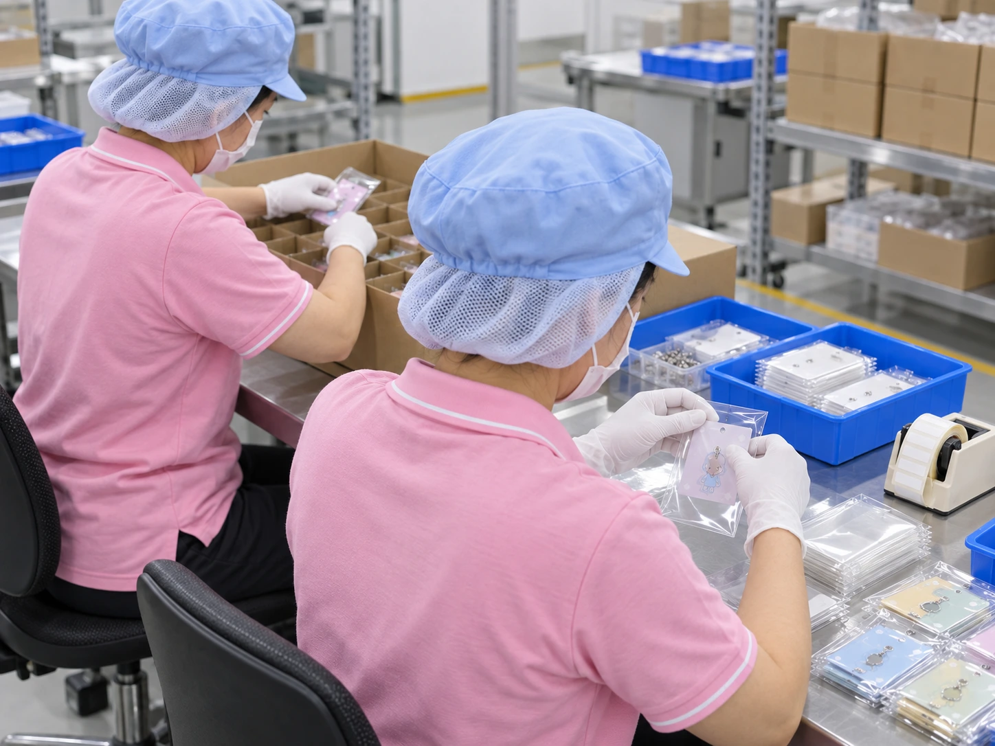 Representative pack-out workstation with product faces oriented toward the operator