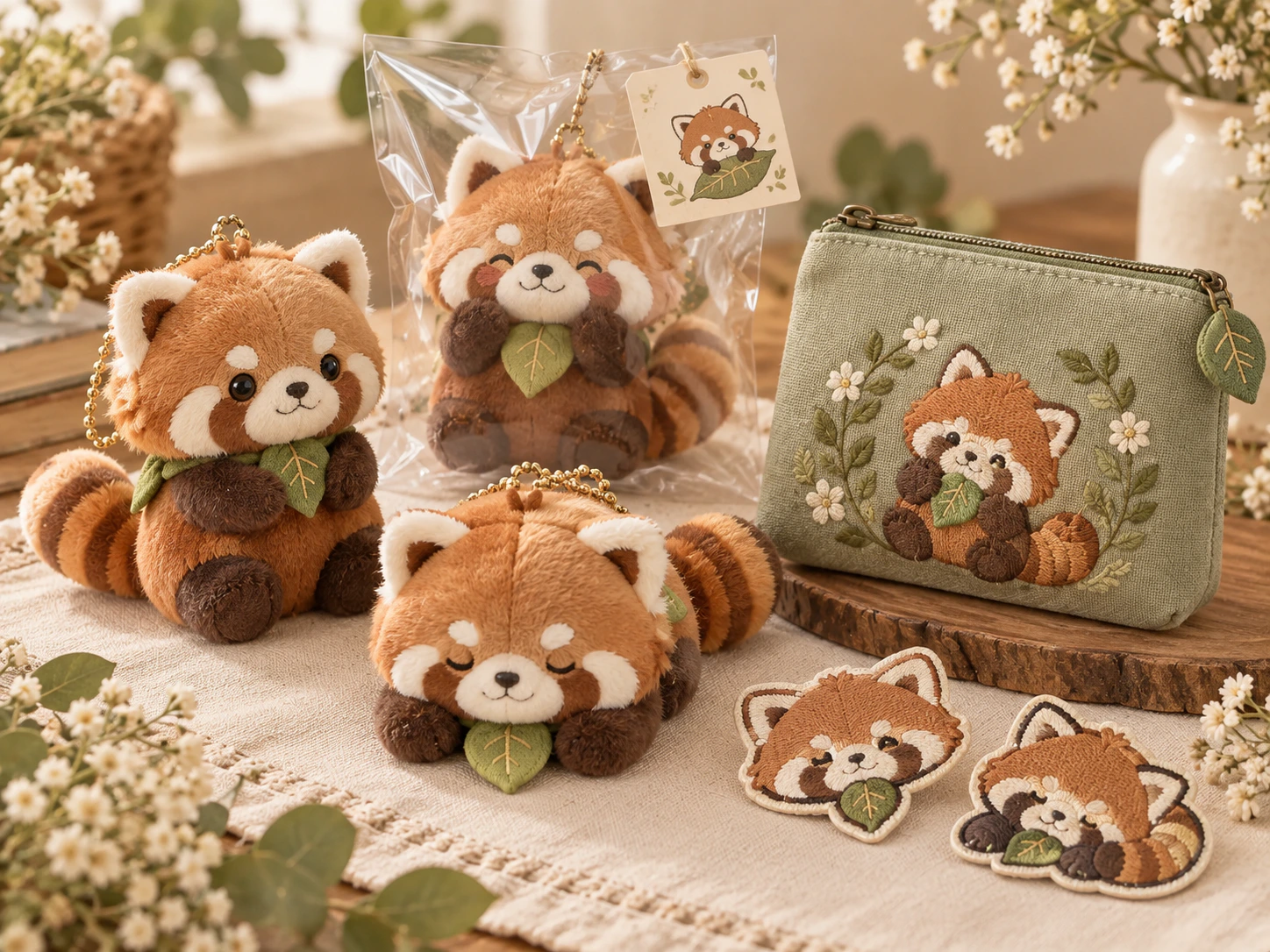 Original plush, embroidered pouches and patches in retail packaging