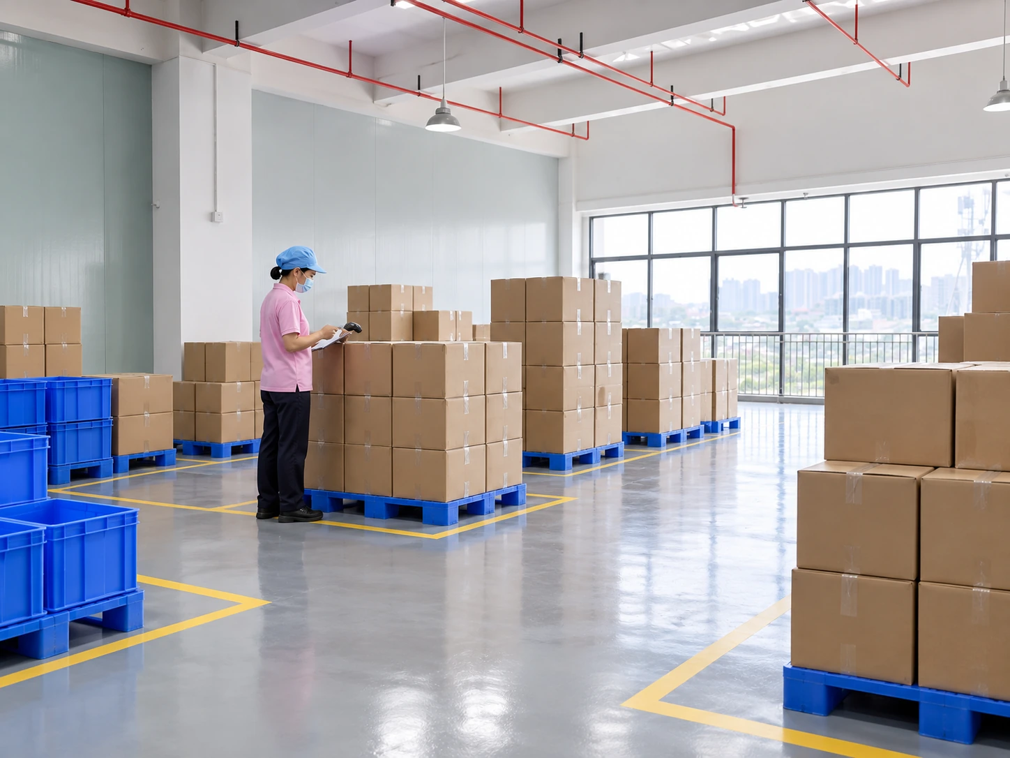 Representative view of goods received at a third-party inspection and pack-out center in China